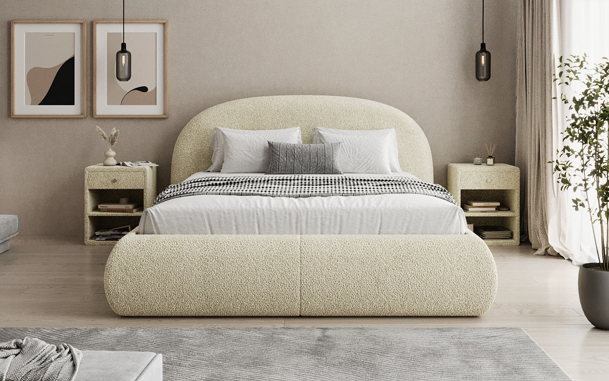 Designer gestoffeerd bed Loop in Teddystof Bouclé met opbergruimte