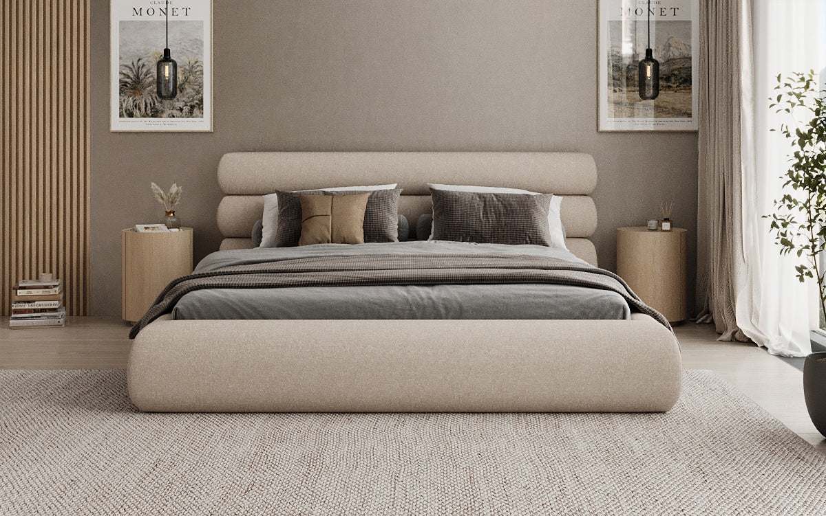 Designer gestoffeerd bed Joline in structuurstof met opbergruimte