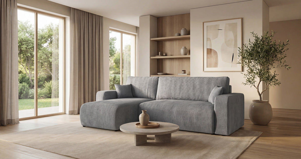 Designsofa Calva met slaap- en uitklapfunctie in Ribstof