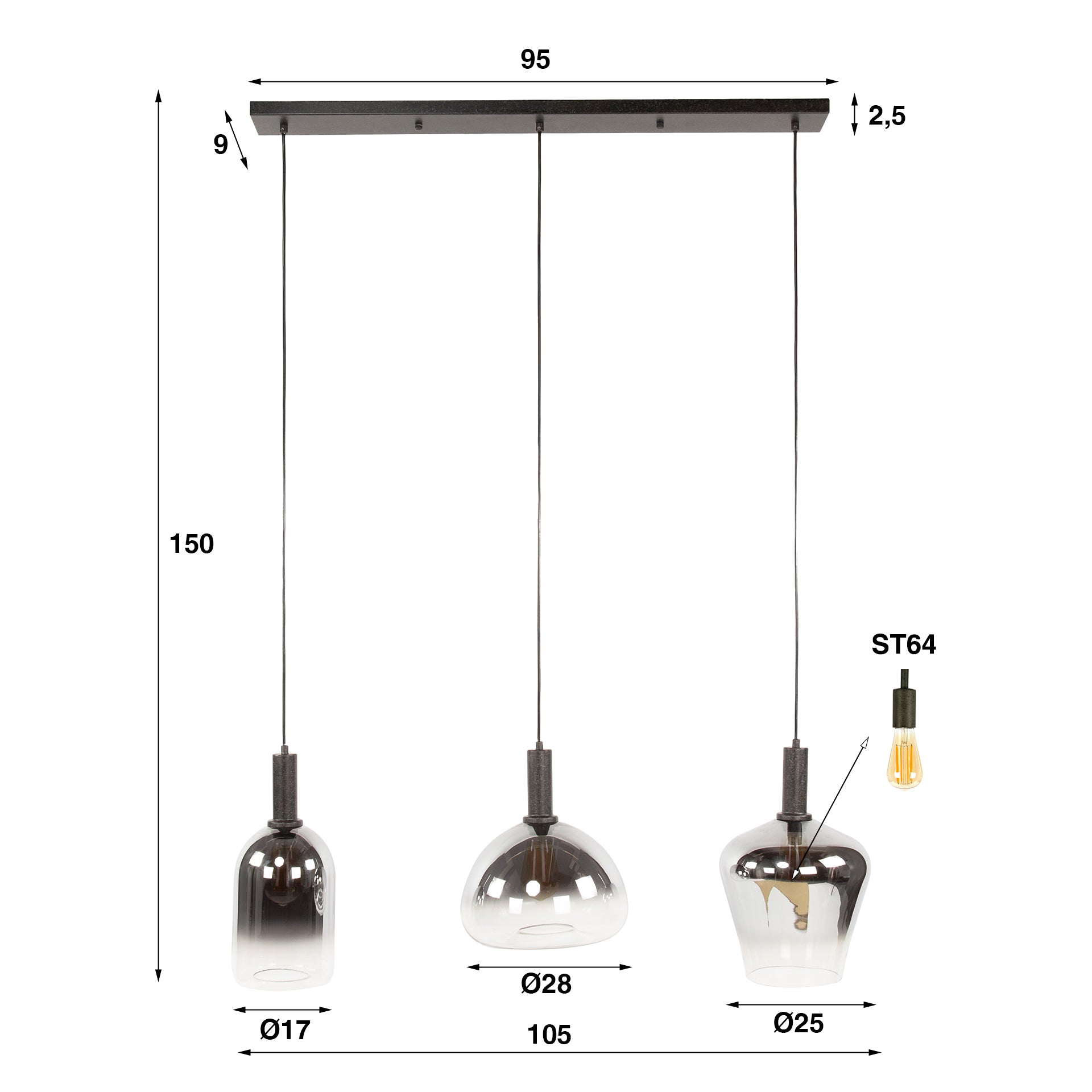 Hanglamp „Alveris“ – rookglas met kleurverloop in 3 verschillende vormen