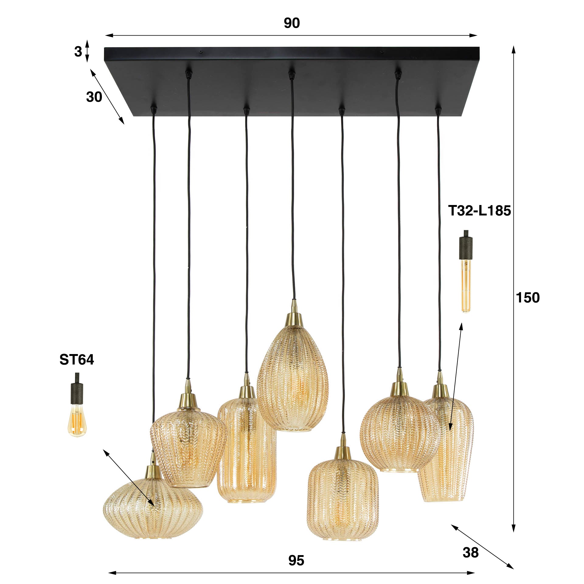 Hanglamp „Lumina“ – met handgemaakte glazen lampenkappen