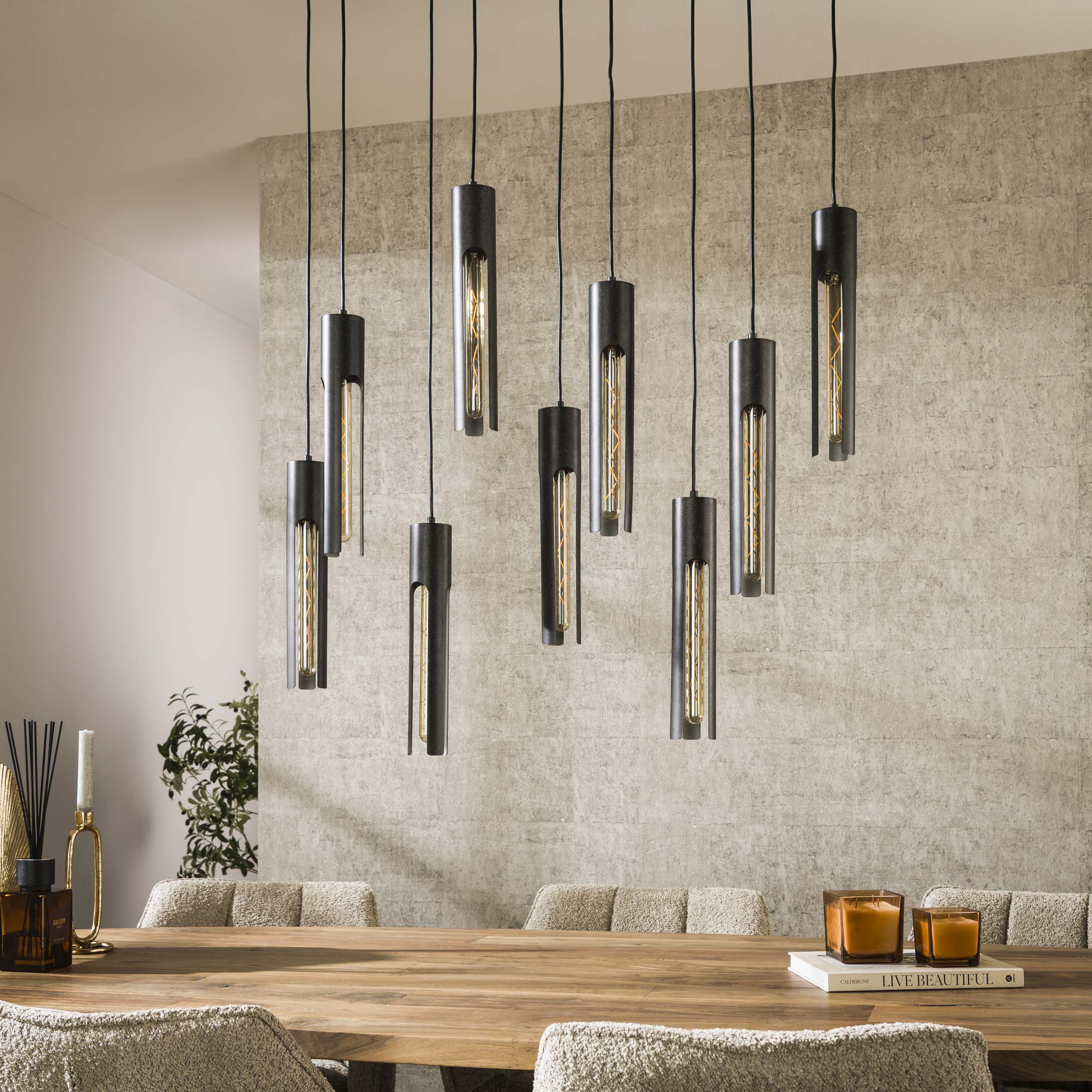 Hanglamp „Aveline“ – Met 9 lampen in elegant, zwart buisontwerp
