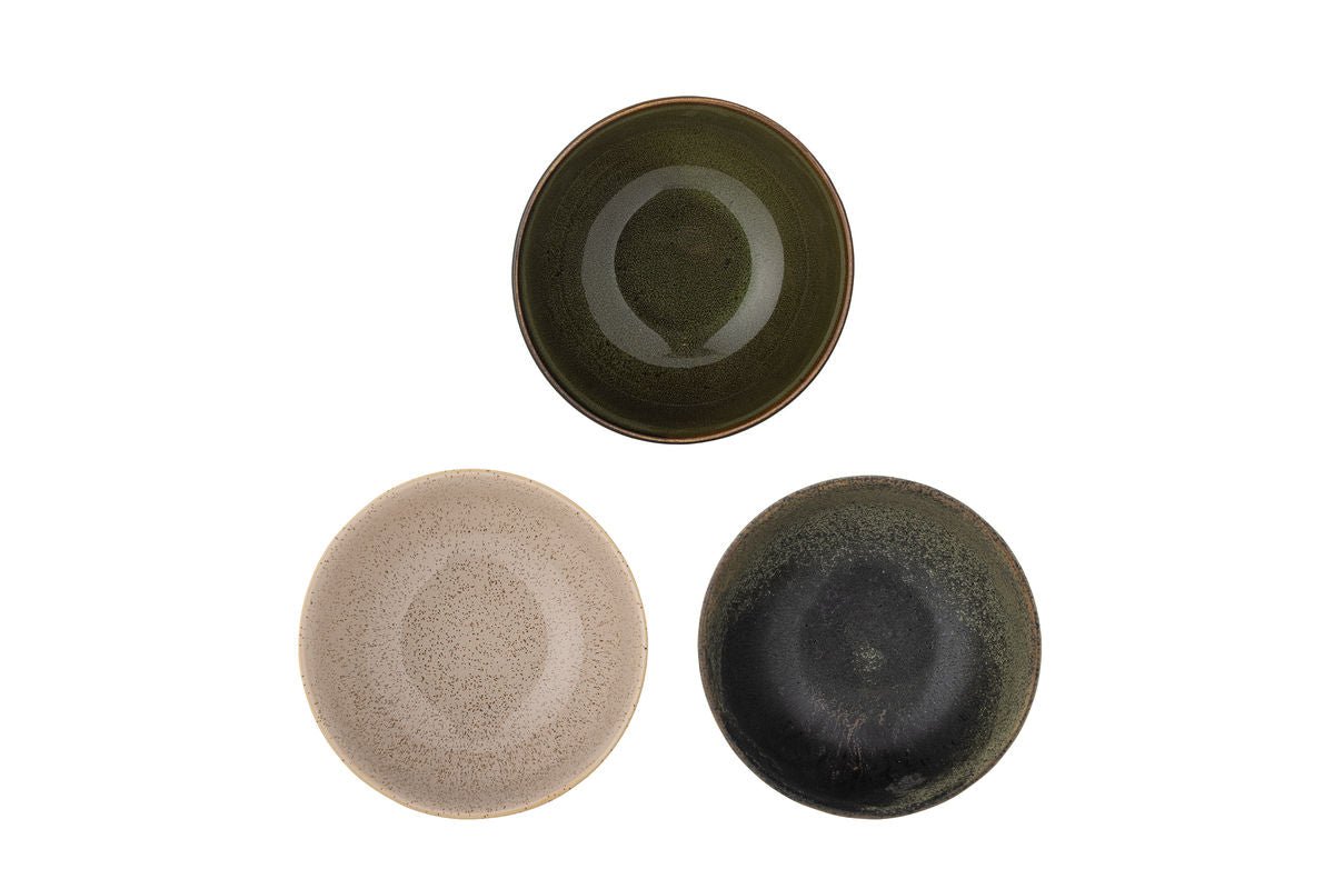 Kom Livia – van steengoed, set van 3 in groen met reactieve glazuur