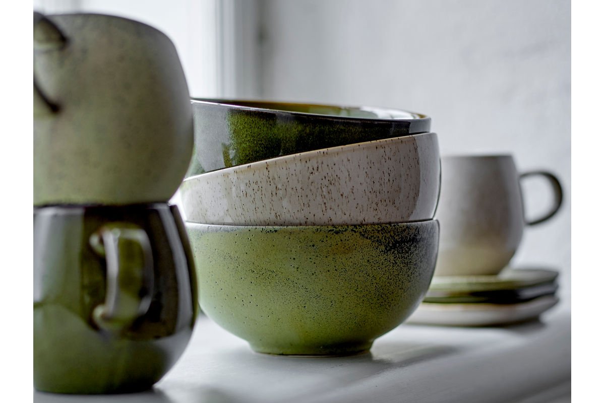 Kom Livia – van steengoed, set van 3 in groen met reactieve glazuur