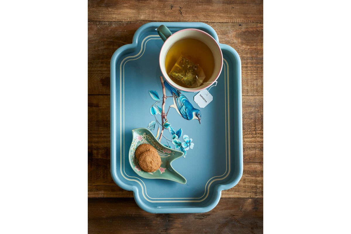 Tablett Bellora – Illustratief vogelmotief in blauwtinten