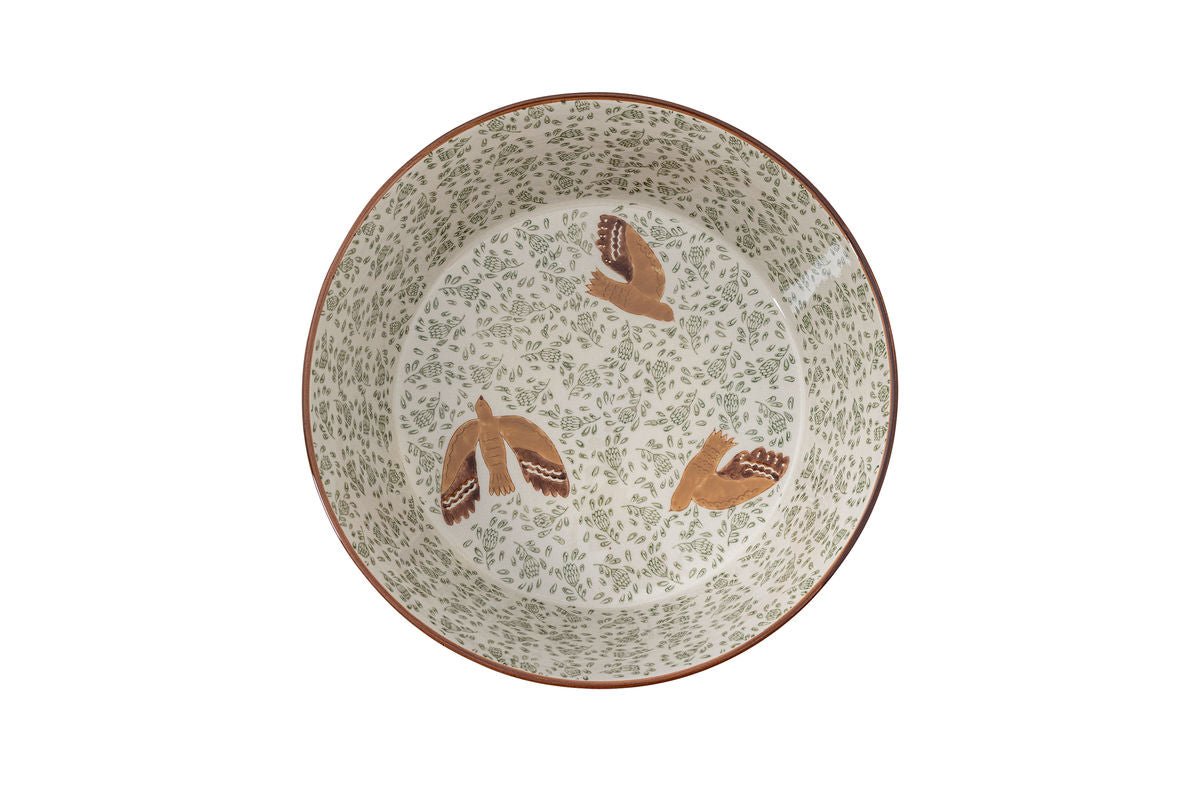 Schaal Hania – handgeschilderde steengoed schaal in Groen met vogelmotief