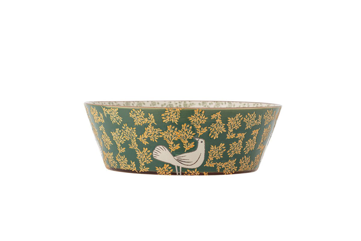 Schaal Hania – handgeschilderde steengoed schaal in Groen met vogelmotief
