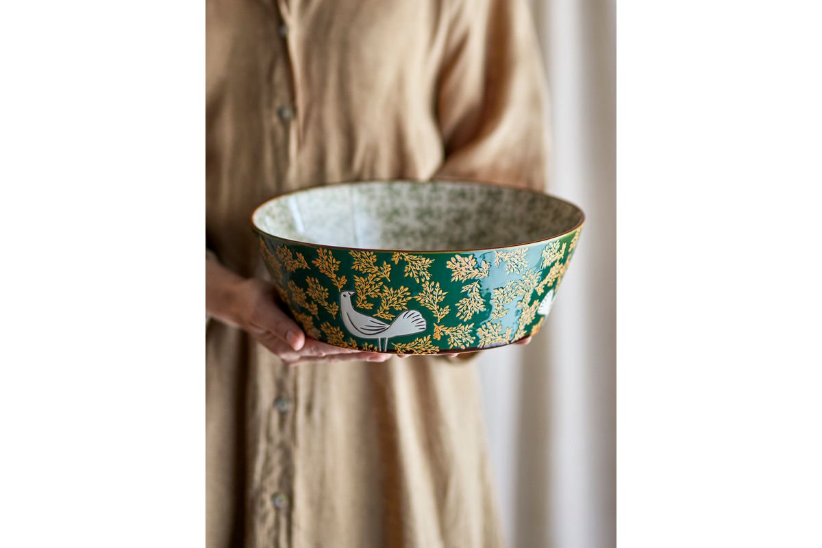 Schaal Hania – handgeschilderde steengoed schaal in Groen met vogelmotief
