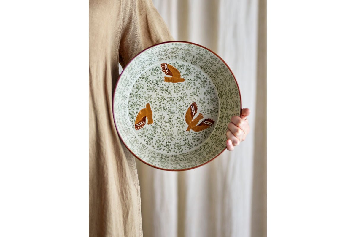 Schaal Hania – handgeschilderde steengoed schaal in Groen met vogelmotief