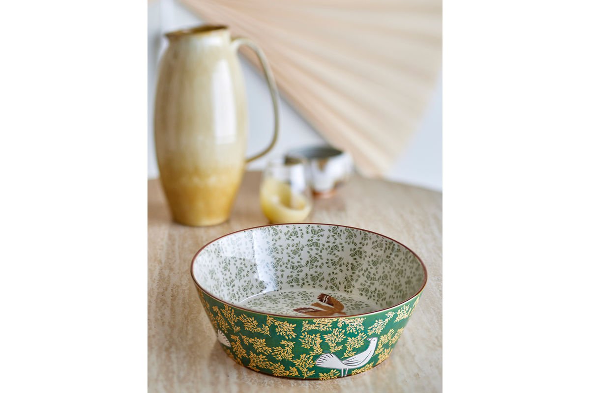 Schaal Hania – handgeschilderde steengoed schaal in Groen met vogelmotief