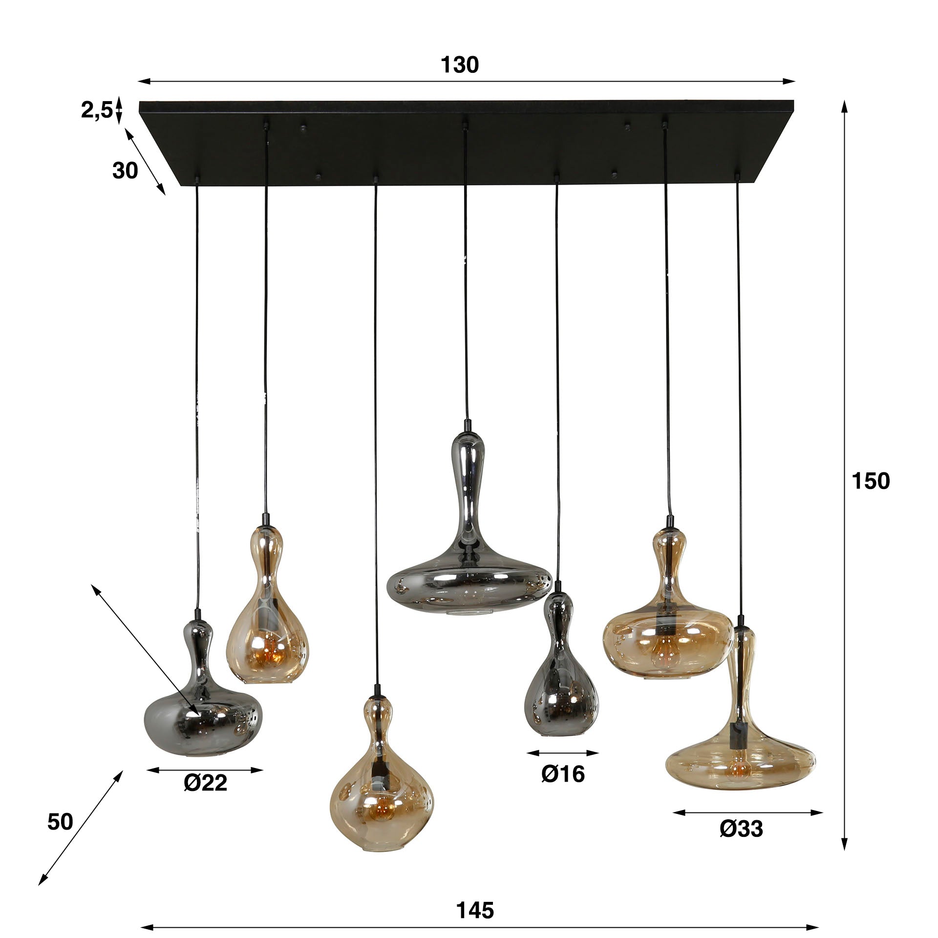 Hanglamp "Viretta" – 7 glazen kappen in karafvorm met zwarte metalen armatuur
