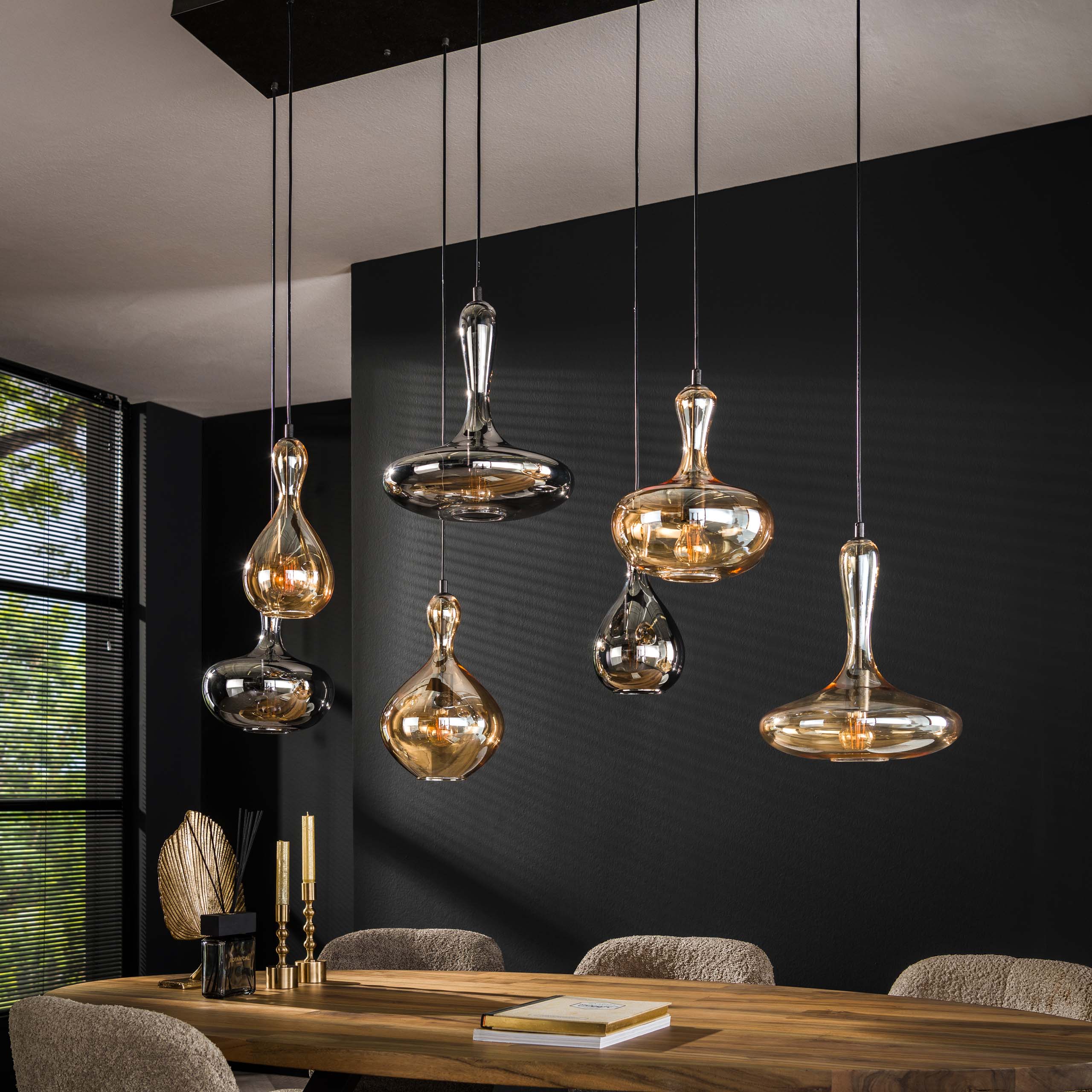 Hanglamp "Viretta" – 7 glazen kappen in karafvorm met zwarte metalen armatuur