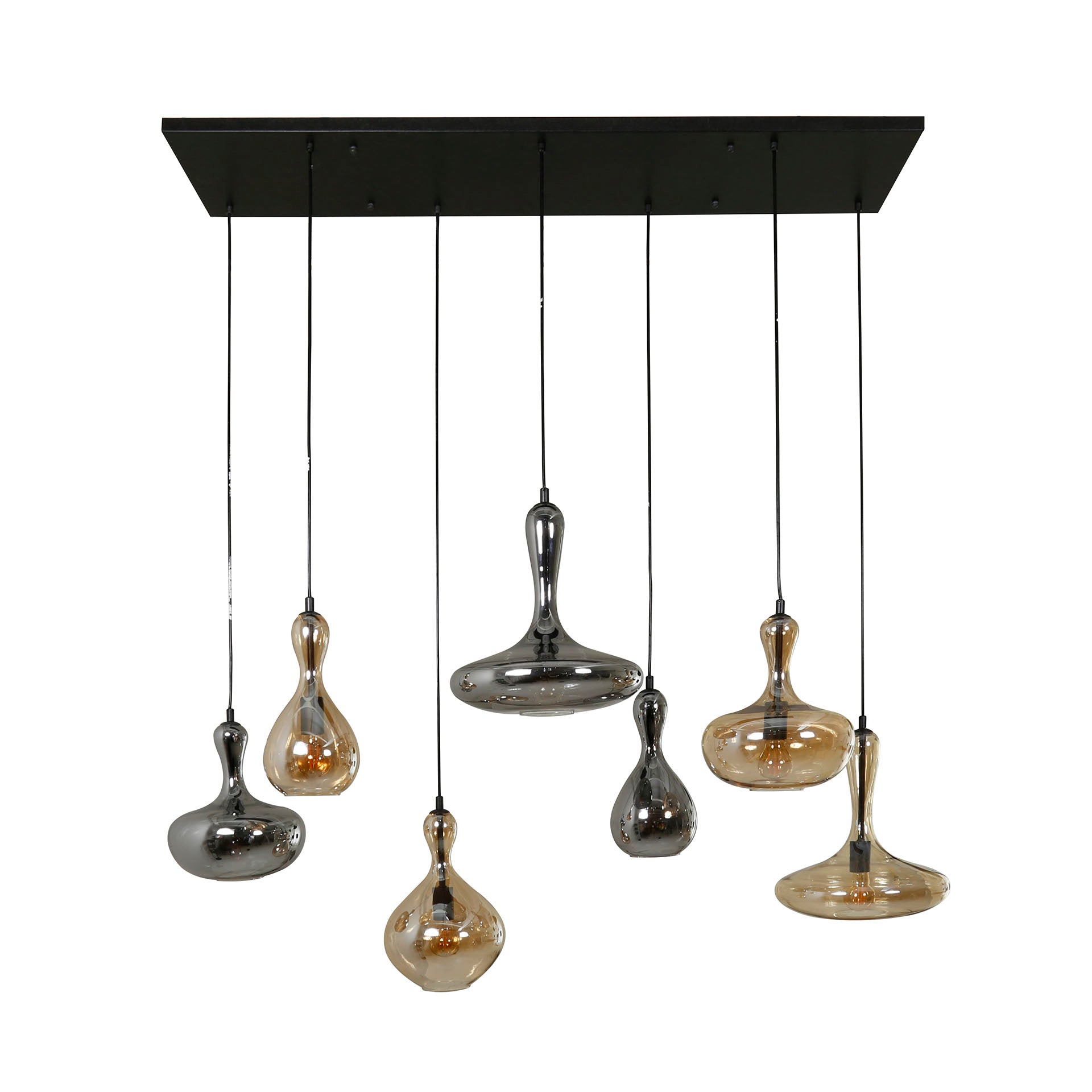 Hanglamp "Viretta" – 7 glazen kappen in karafvorm met zwarte metalen armatuur