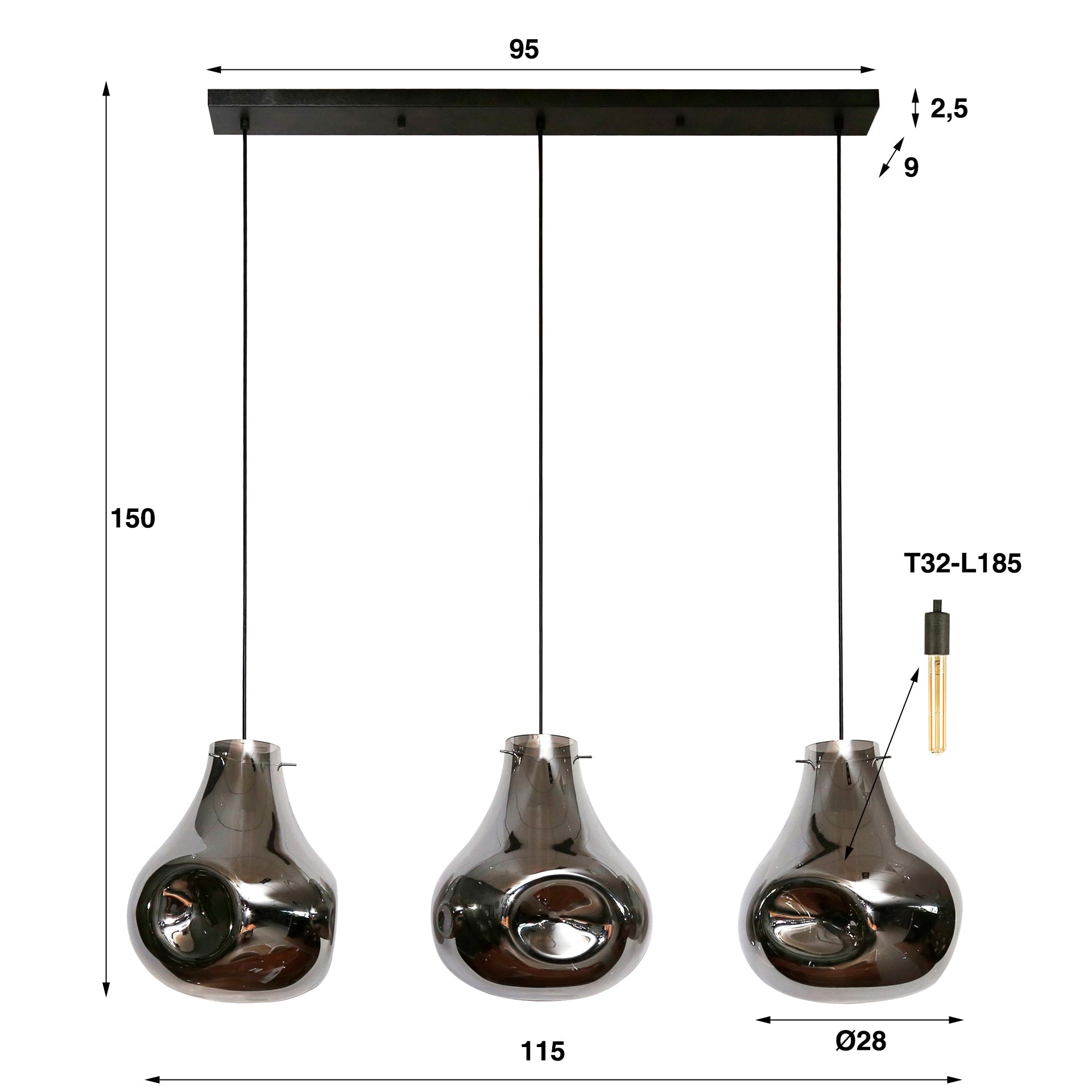 Hanglamp „Castellio“ – 3 lampen met chroomafwerking en zwarte metalen armatuur