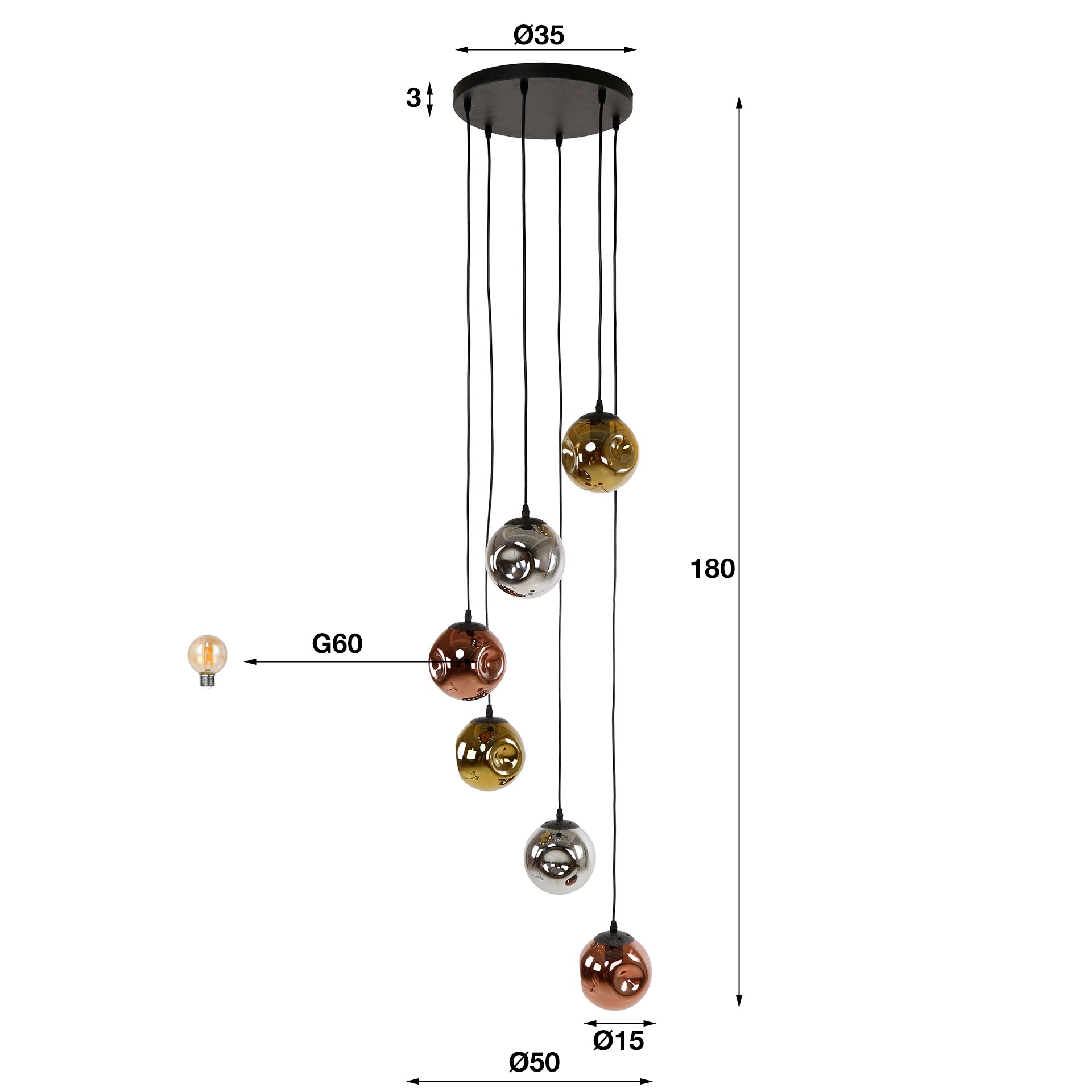Hanglamp „Seraphis“ – 6 lampen in trapvorm in de metalen kleurcombinatie goud, koper en chroom