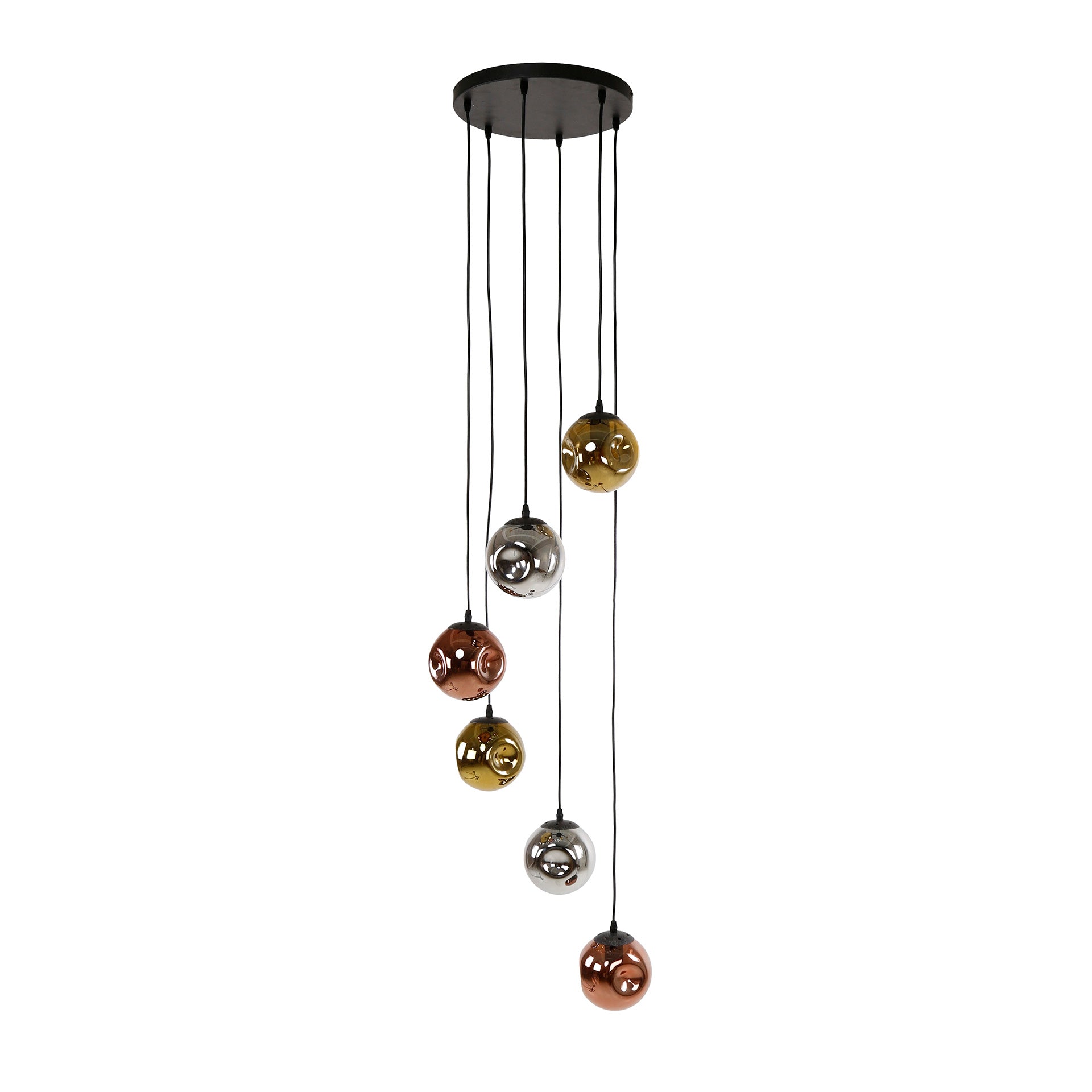 Hanglamp „Seraphis“ – 6 lampen in trapvorm in de metalen kleurcombinatie goud, koper en chroom