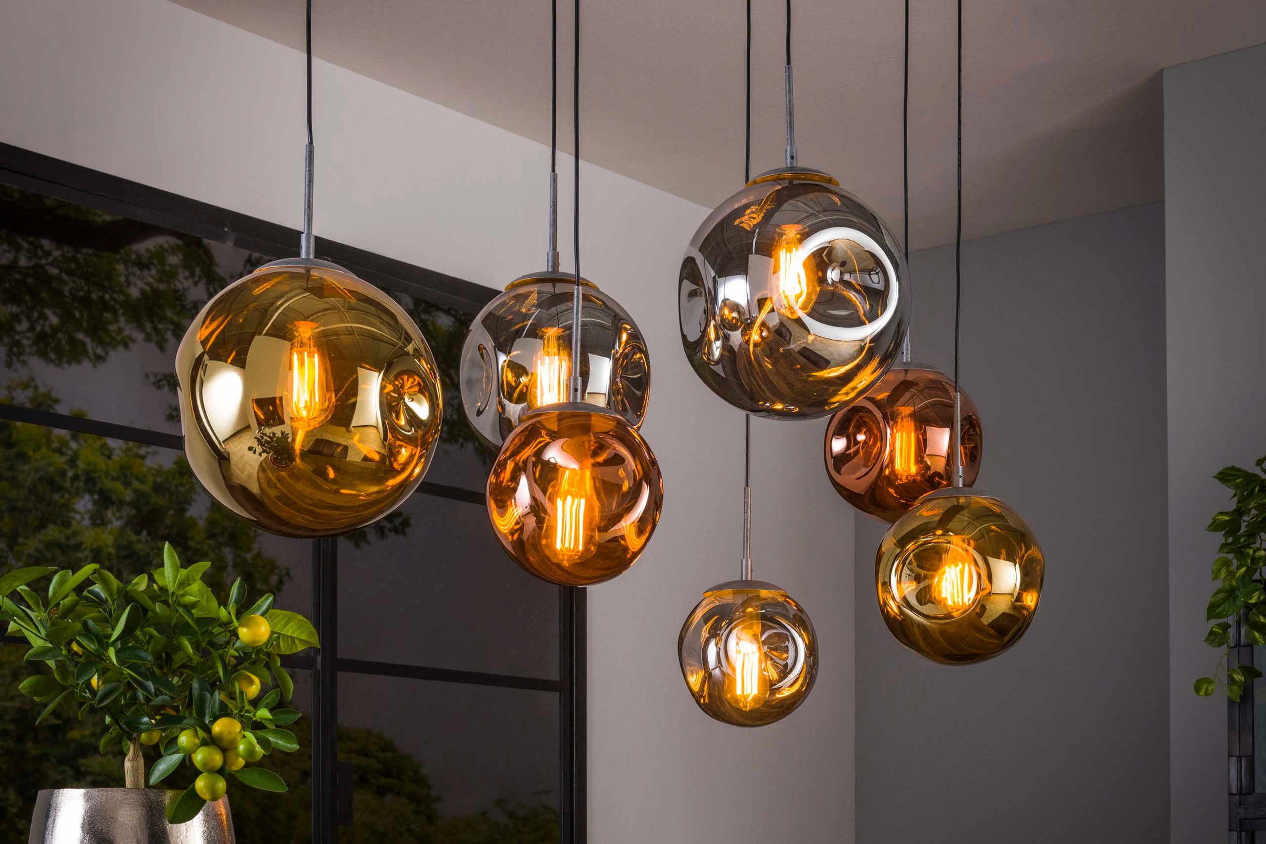 Hanglamp "Althea" – 7 lampen in de metalen kleurcombinatie goud, koper en chroom