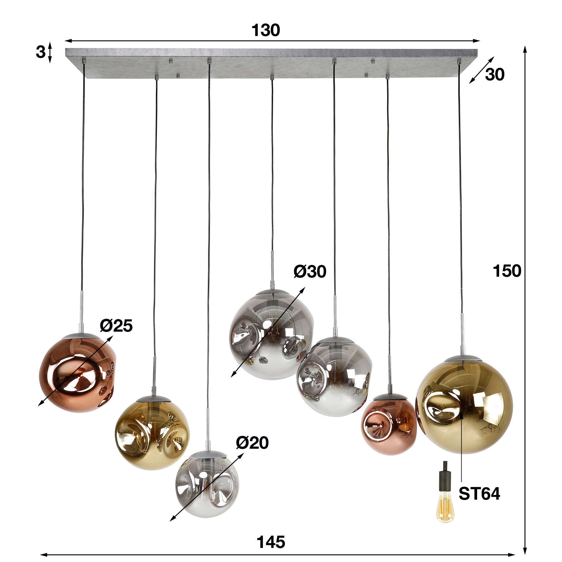 Hanglamp "Althea" – 7 lampen in de metalen kleurcombinatie goud, koper en chroom