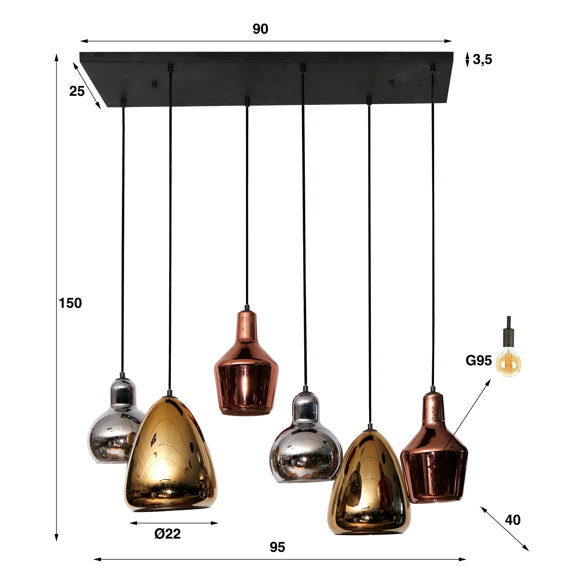 Hanglamp "Arvella" – 6 lampen in goud, koper en chroom in verschillende vormen