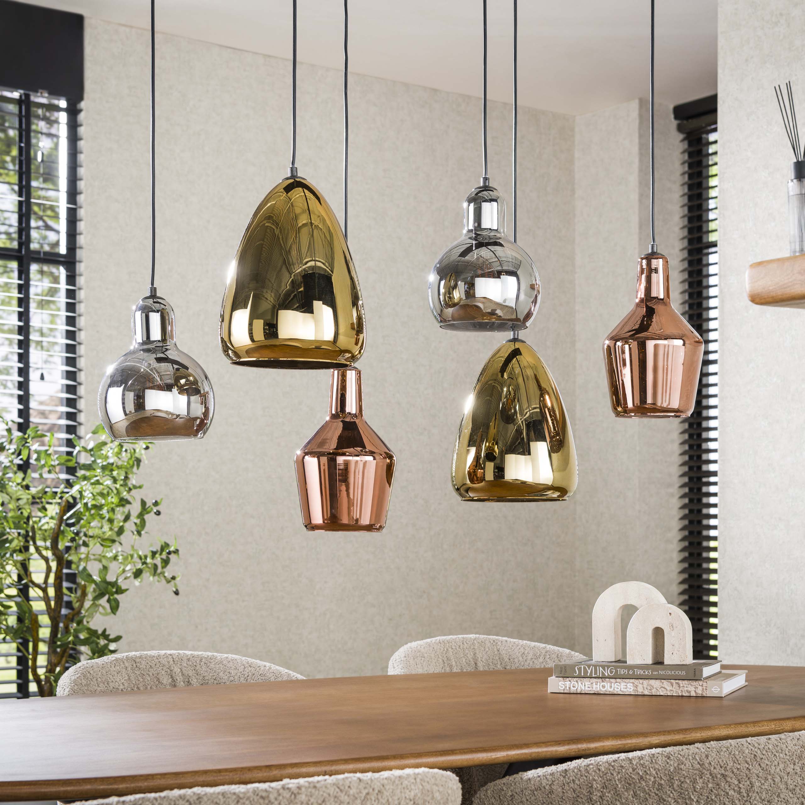 Hanglamp "Arvella" – 6 lampen in goud, koper en chroom in verschillende vormen