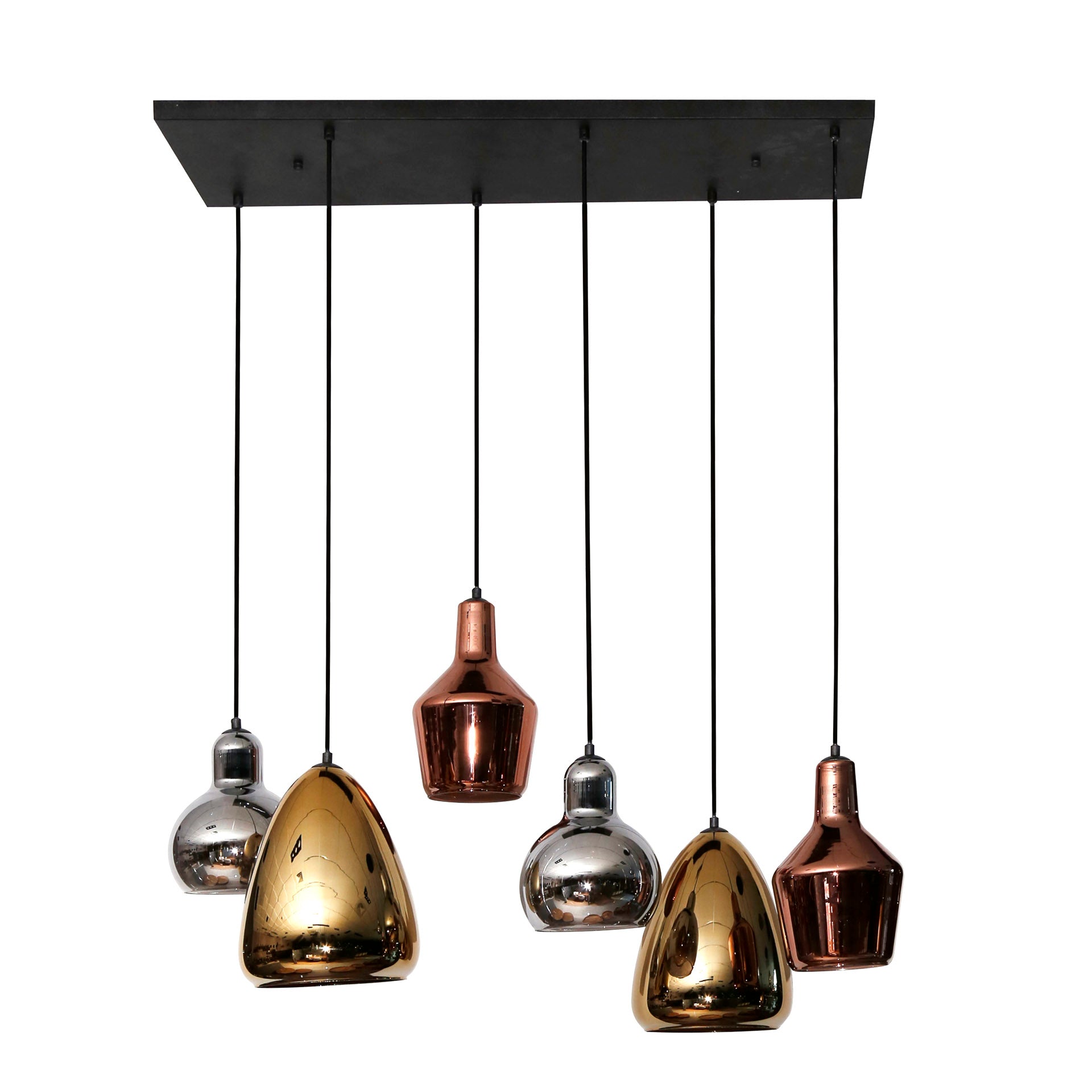 Hanglamp "Arvella" – 6 lampen in goud, koper en chroom in verschillende vormen