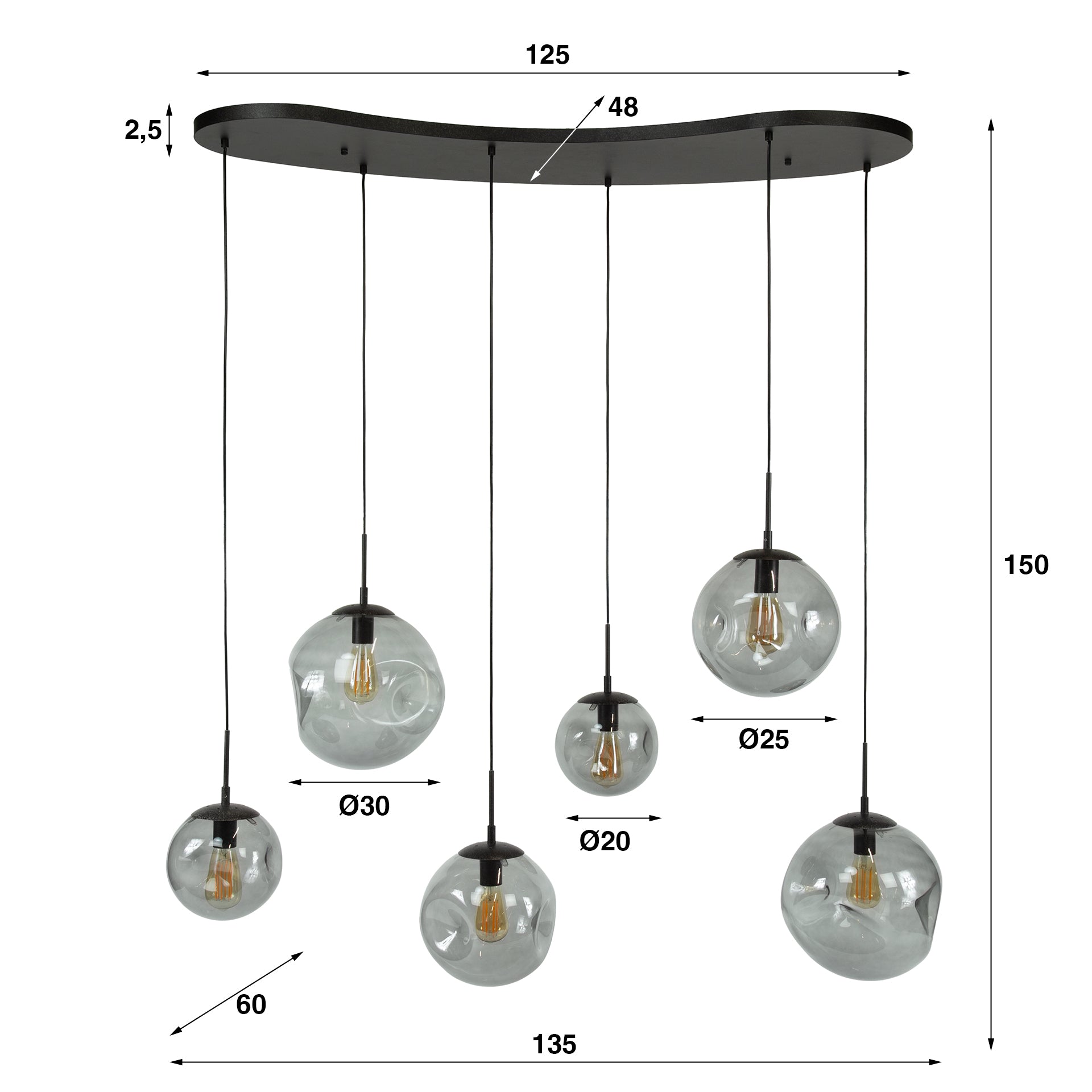 Hanglamp „Zephyra“ – 6 lampen in rookglasdesign met organische plafondvoet
