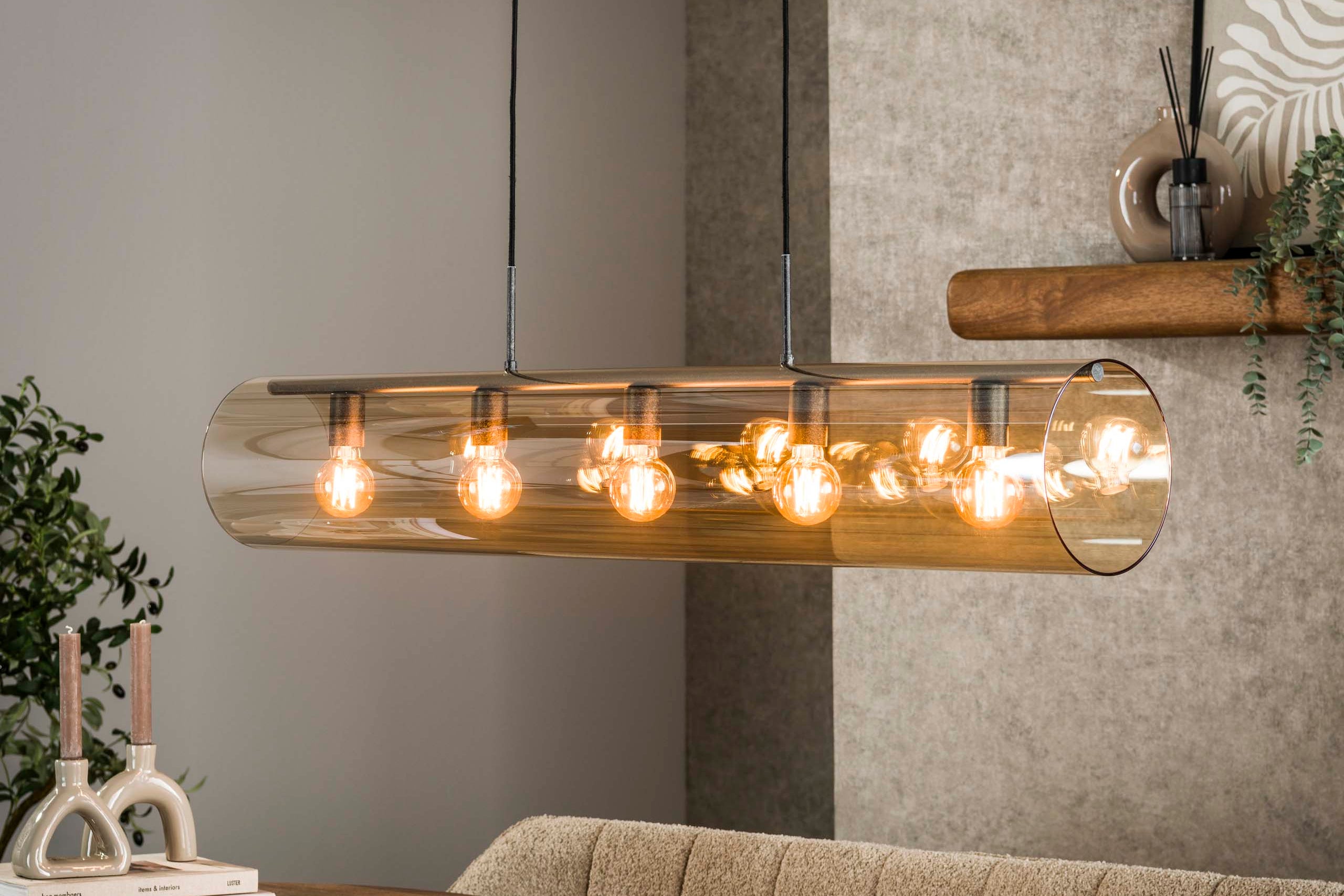 Hanglamp „Solvira“ – Met 5 lampen in horizontaal Tube-Amberglas ontwerp