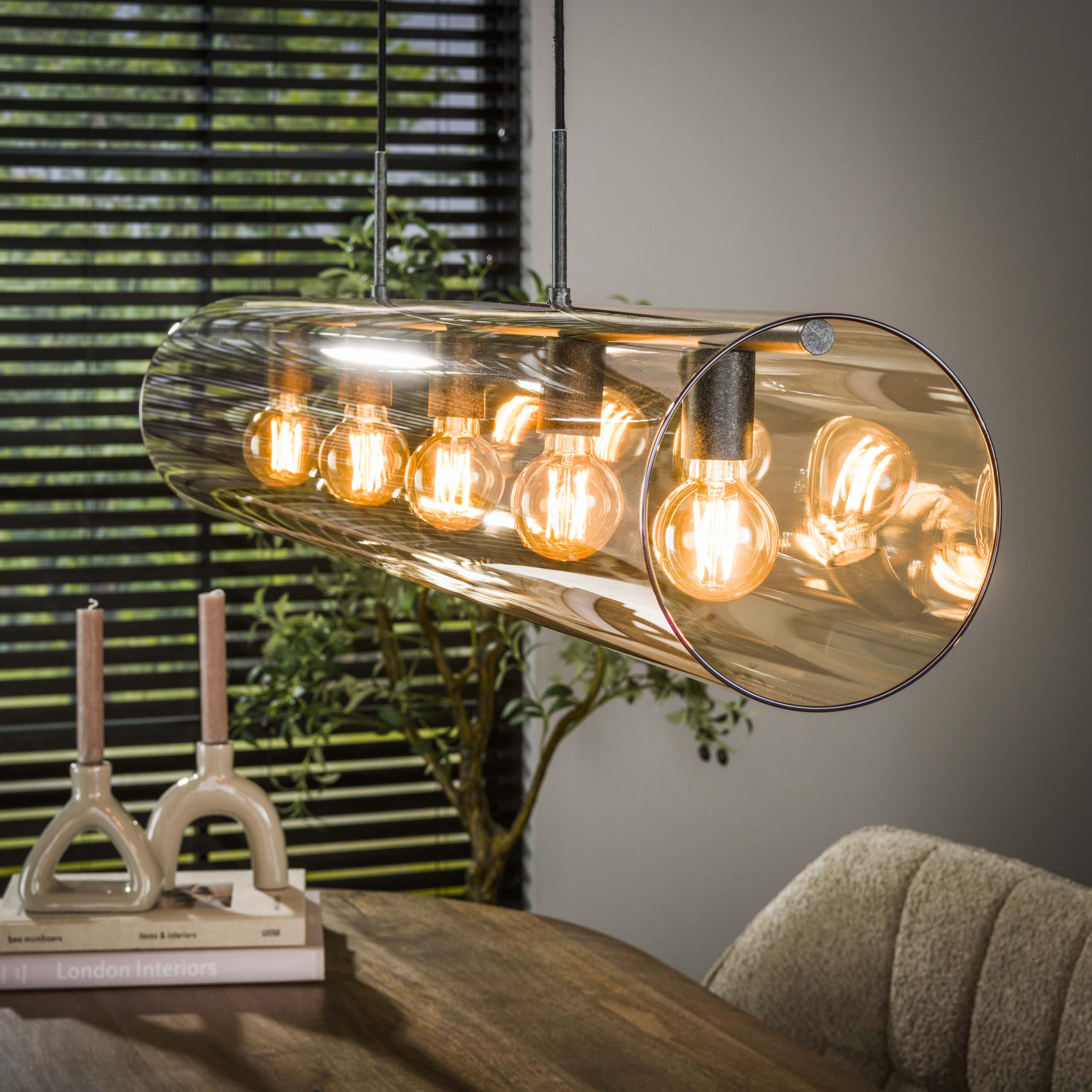 Hanglamp „Solvira“ – Met 5 lampen in horizontaal Tube-Amberglas ontwerp