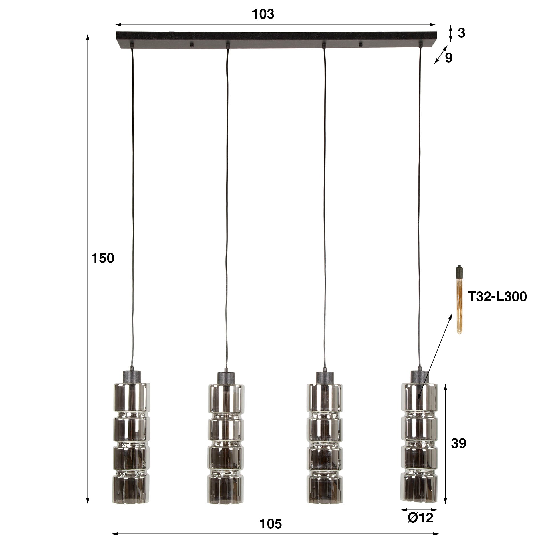 Hanglamp „Navaro“ – 4 lampen met verchroomde glazen kappen in cilindervorm