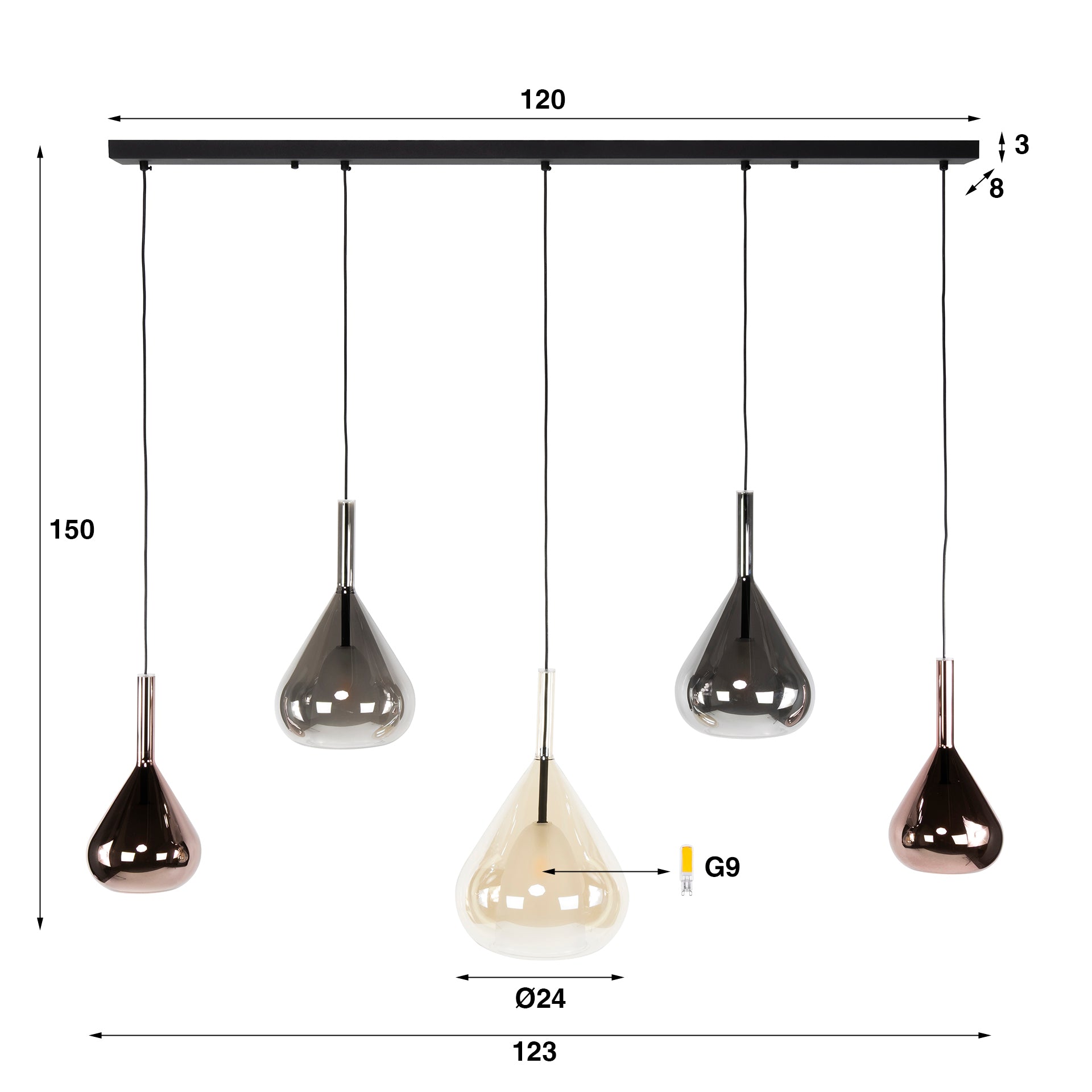 Hanglamp "Lysandra" – 5 druppelvormige glazen kappen in amber, koper en chroom