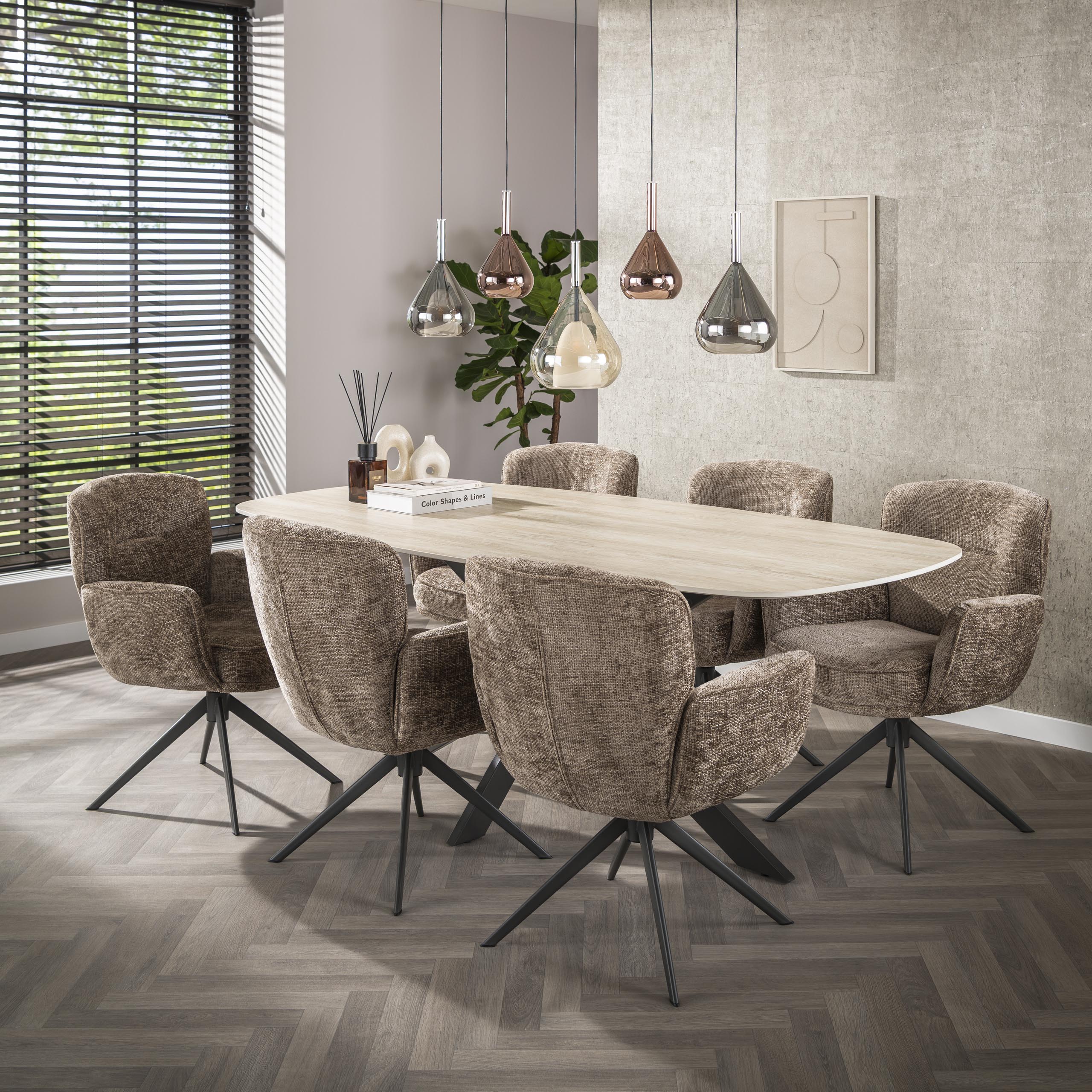 Hanglamp "Lysandra" – 5 druppelvormige glazen kappen in amber, koper en chroom