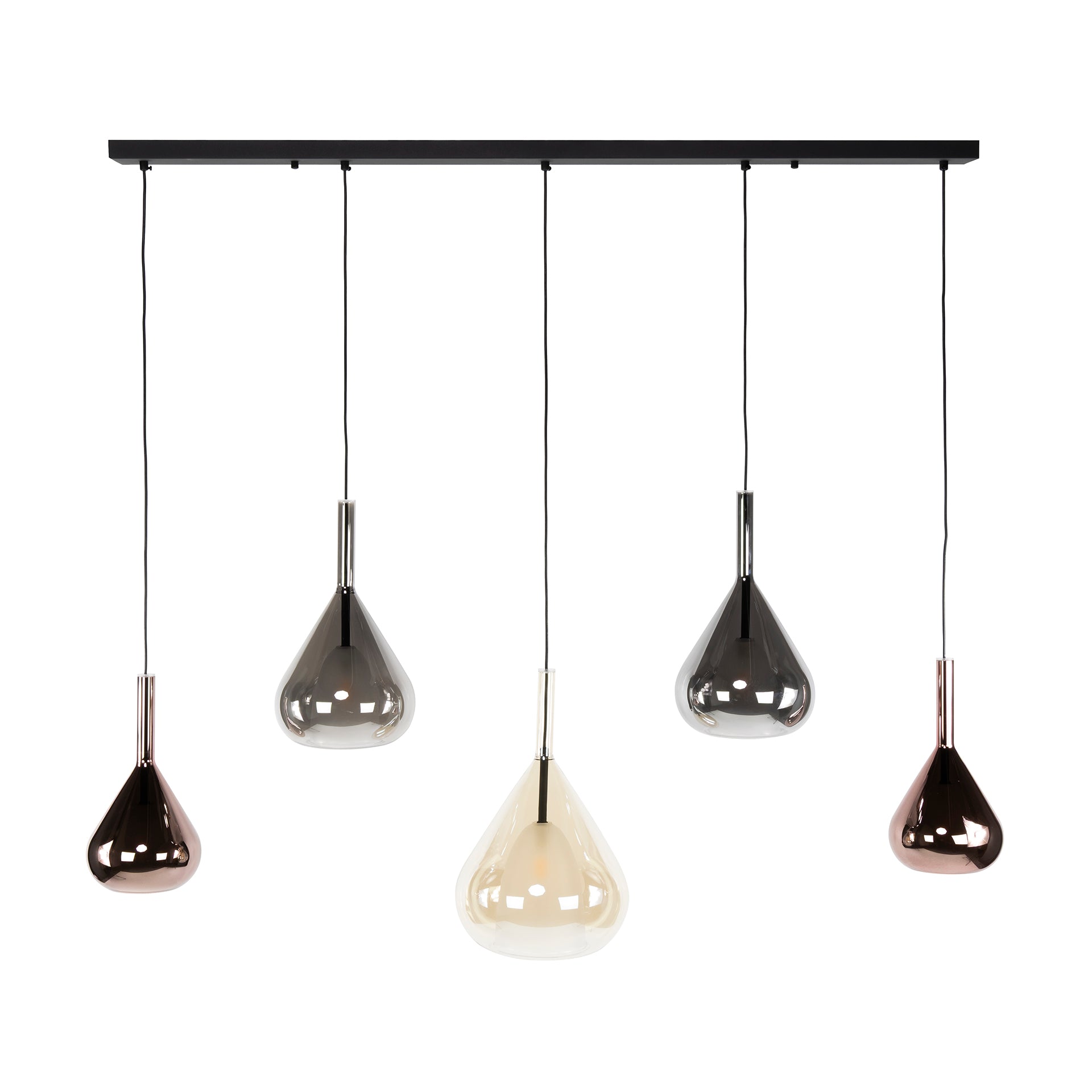 Hanglamp "Lysandra" – 5 druppelvormige glazen kappen in amber, koper en chroom