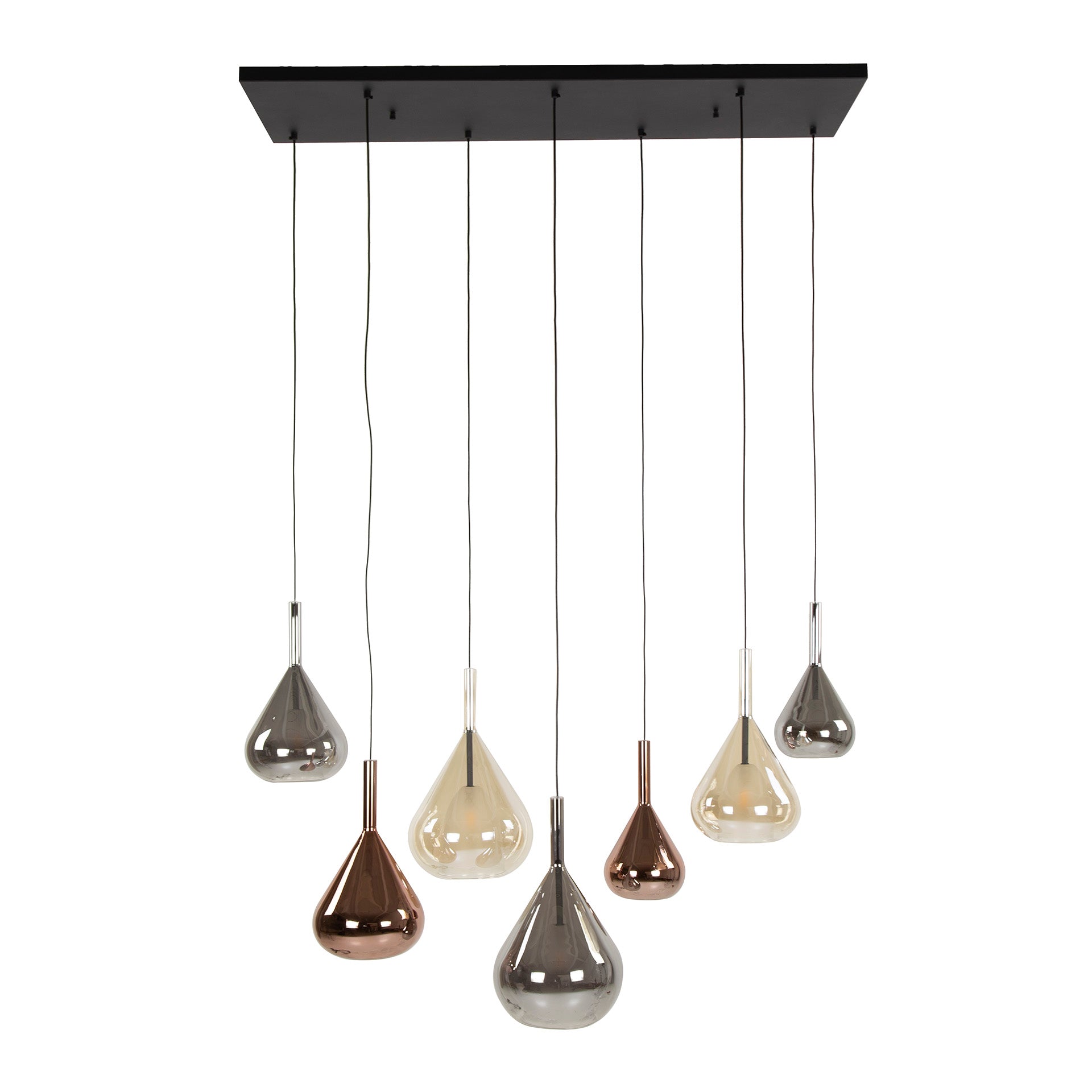 Hanglamp "Lumora" – 7 druppelvormige glazen kappen in amber, koper en chroom