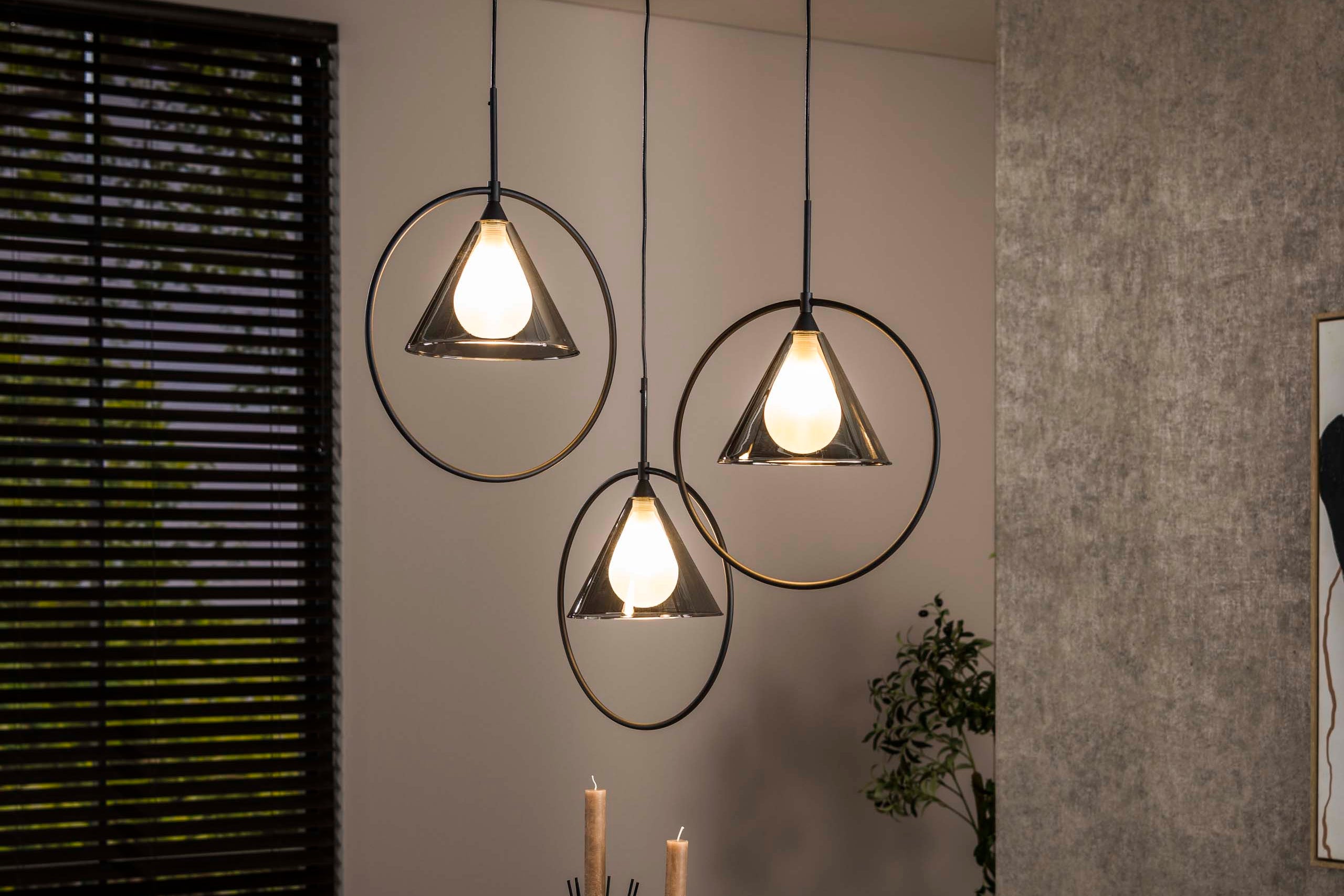 Hanglamp „Murielle“ – Gelaagd met 3 lampen en rookglas in loop-ontwerp