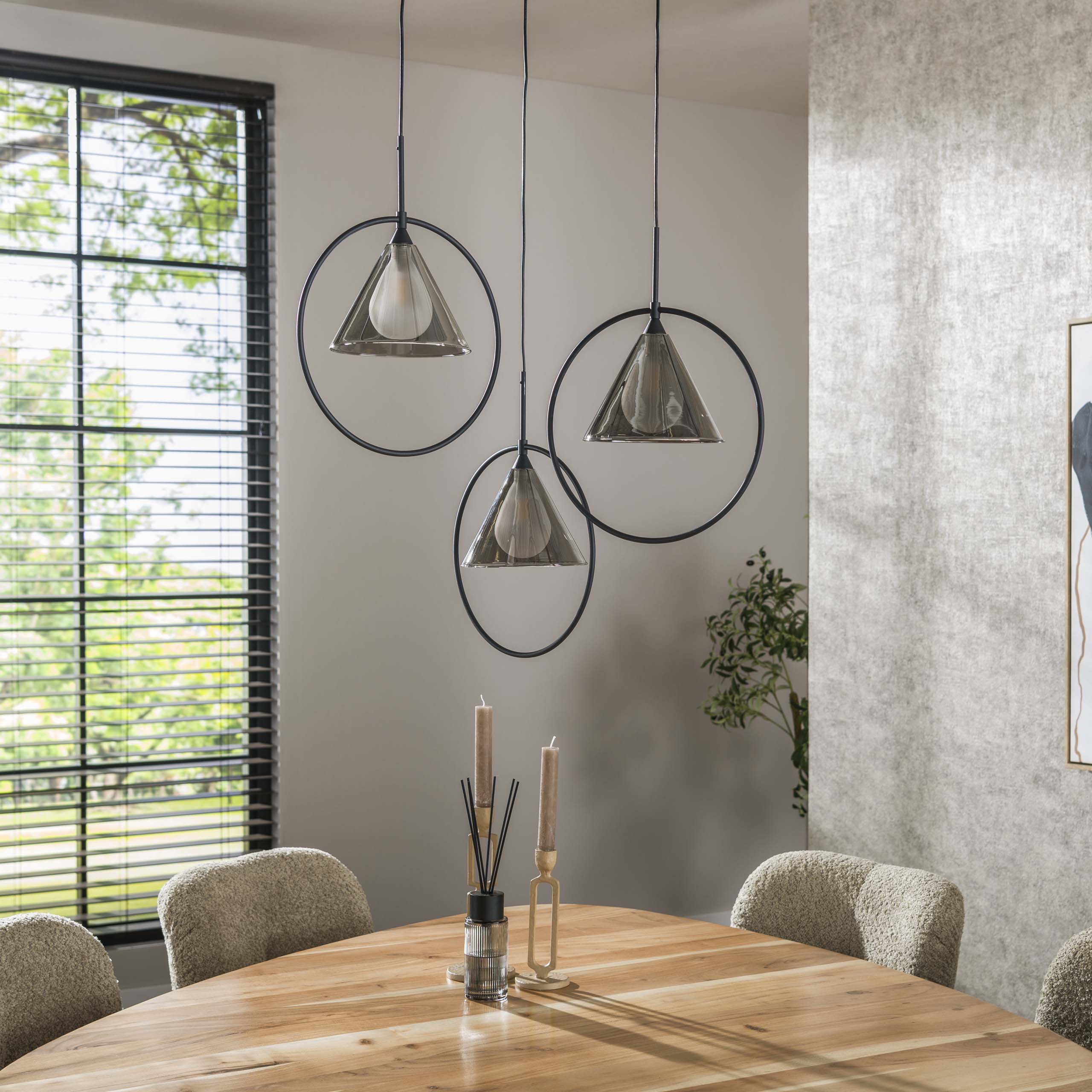Hanglamp „Murielle“ – Gelaagd met 3 lampen en rookglas in loop-ontwerp