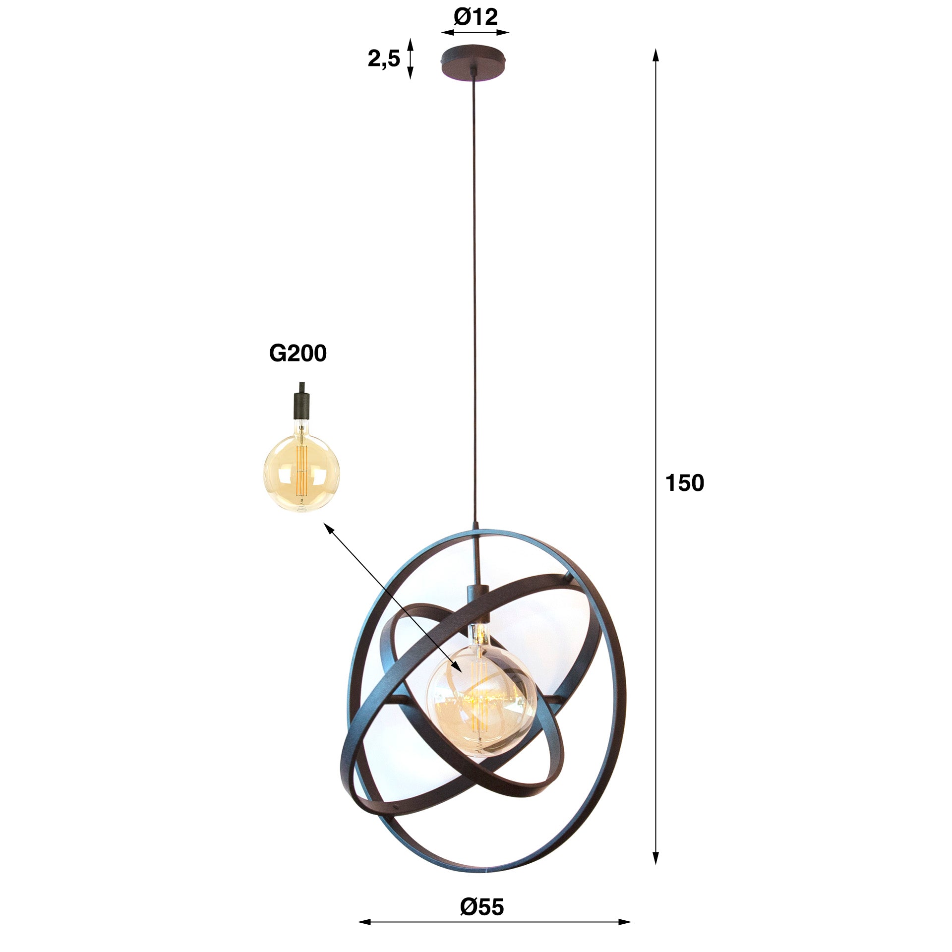 Hanglamp „Orvion“ – 1 lamp met bolvormig ontwerp van Metaal in Zwart