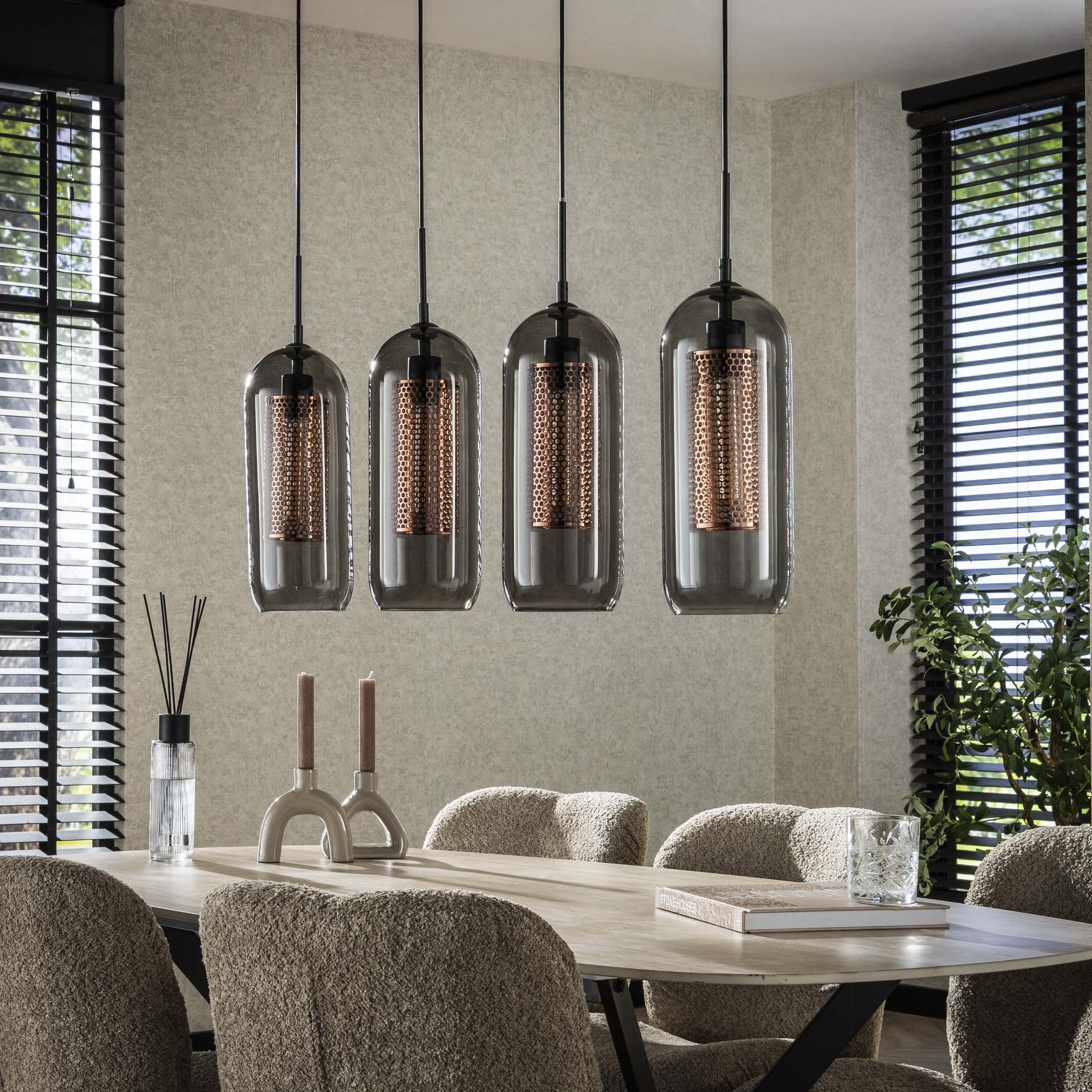 Hanglamp „Rivella“ – Met 4 lampen in rookglas-meshdesign met cilindrische koperen rasterkappen