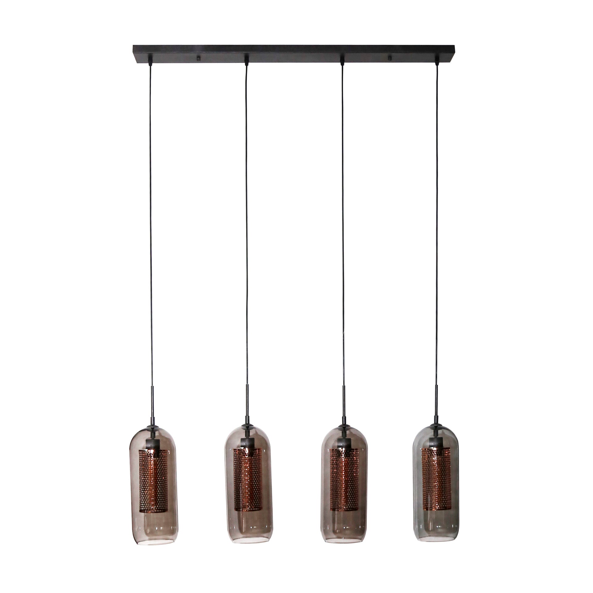 Hanglamp „Rivella“ – Met 4 lampen in rookglas-meshdesign met cilindrische koperen rasterkappen