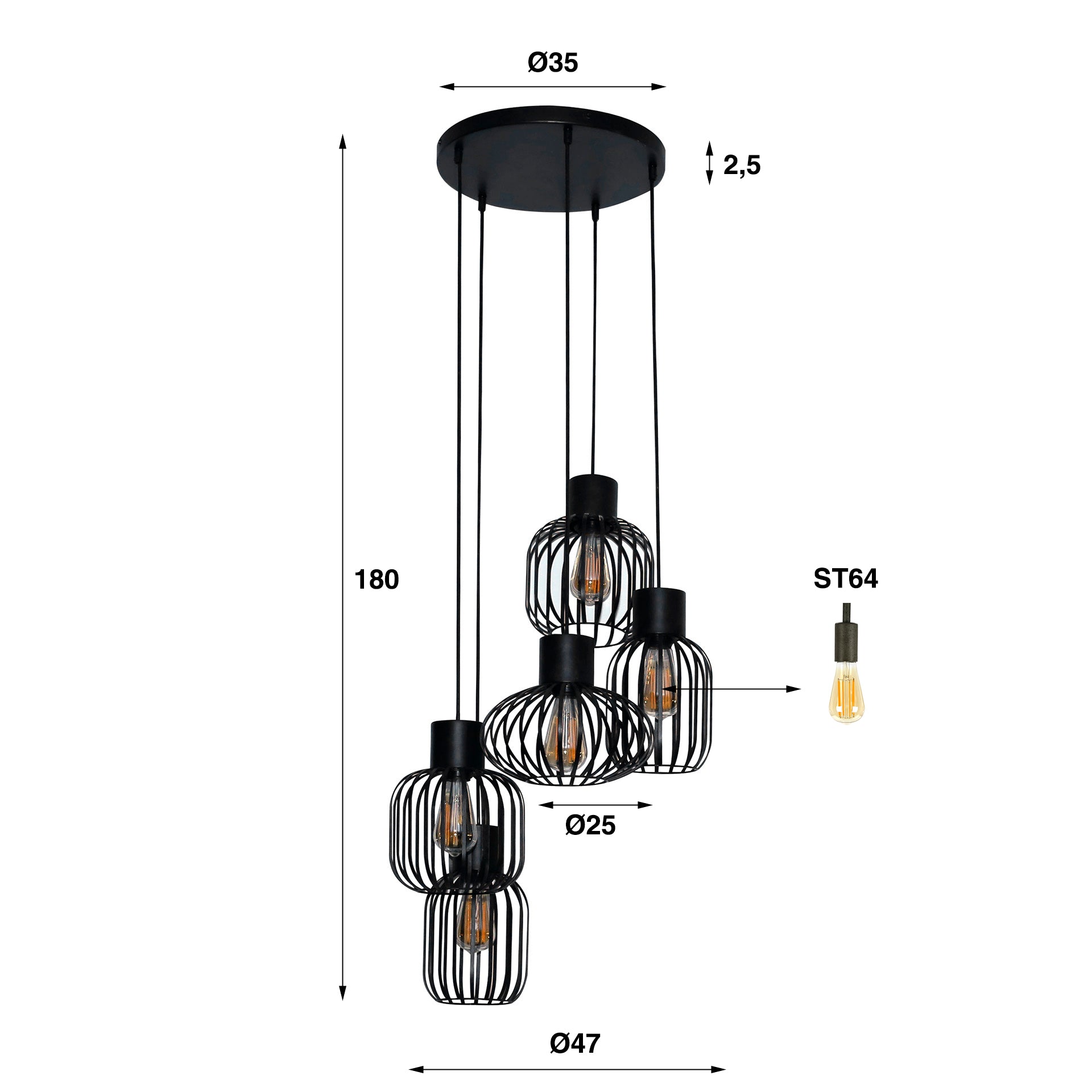 Hanglamp „Valeris“ – Gelaagd met 5 lampen van antracietkleurig metalen gaas