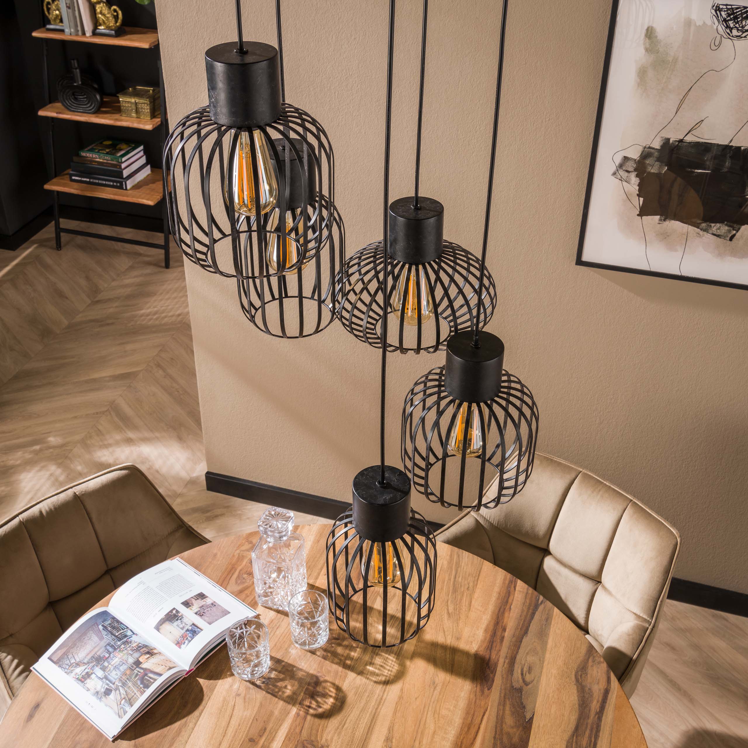 Hanglamp „Valeris“ – Gelaagd met 5 lampen van antracietkleurig metalen gaas