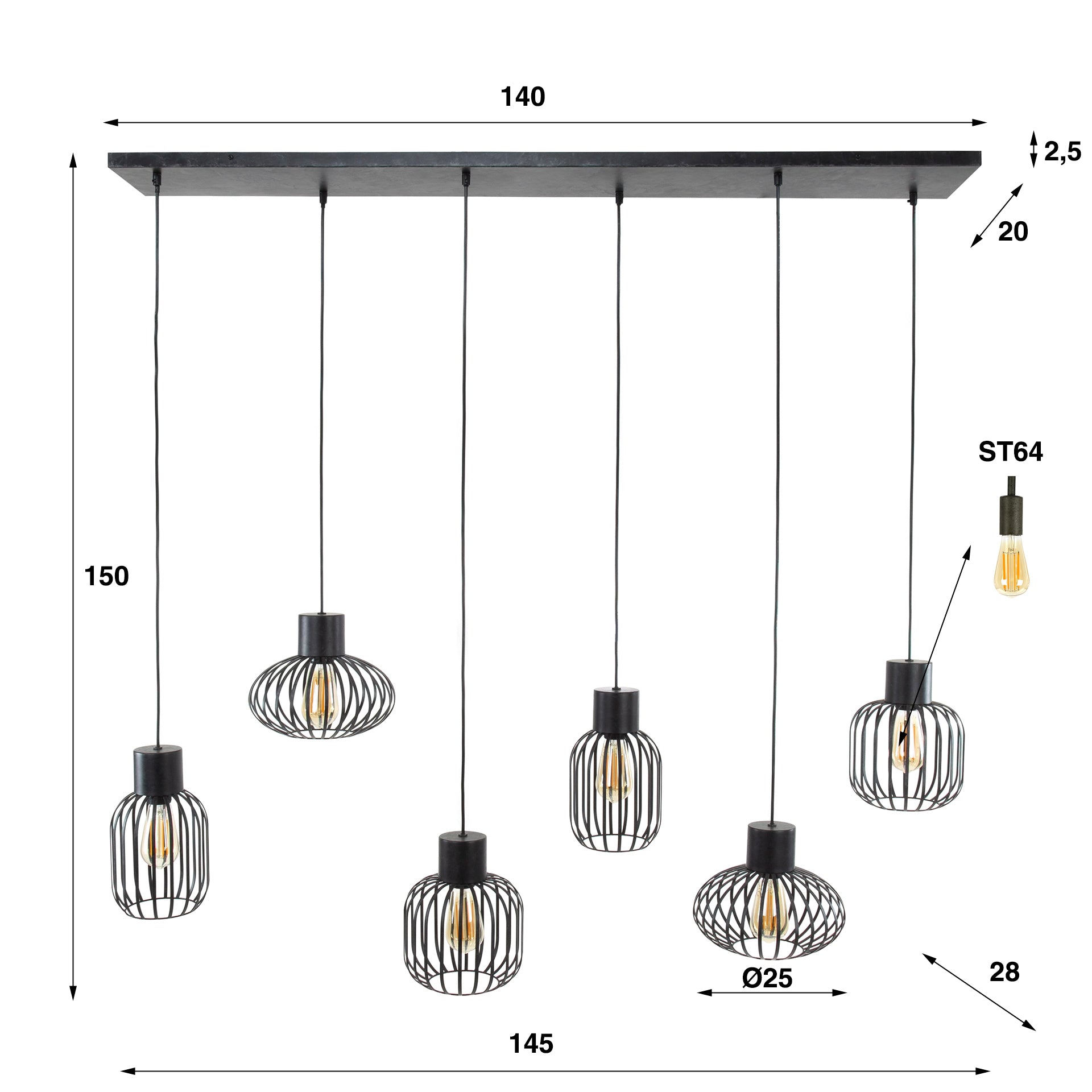 Hanglamp „Corvella“ – 6 lampen van antracietkleurig metalen gaas in verschillende vormen