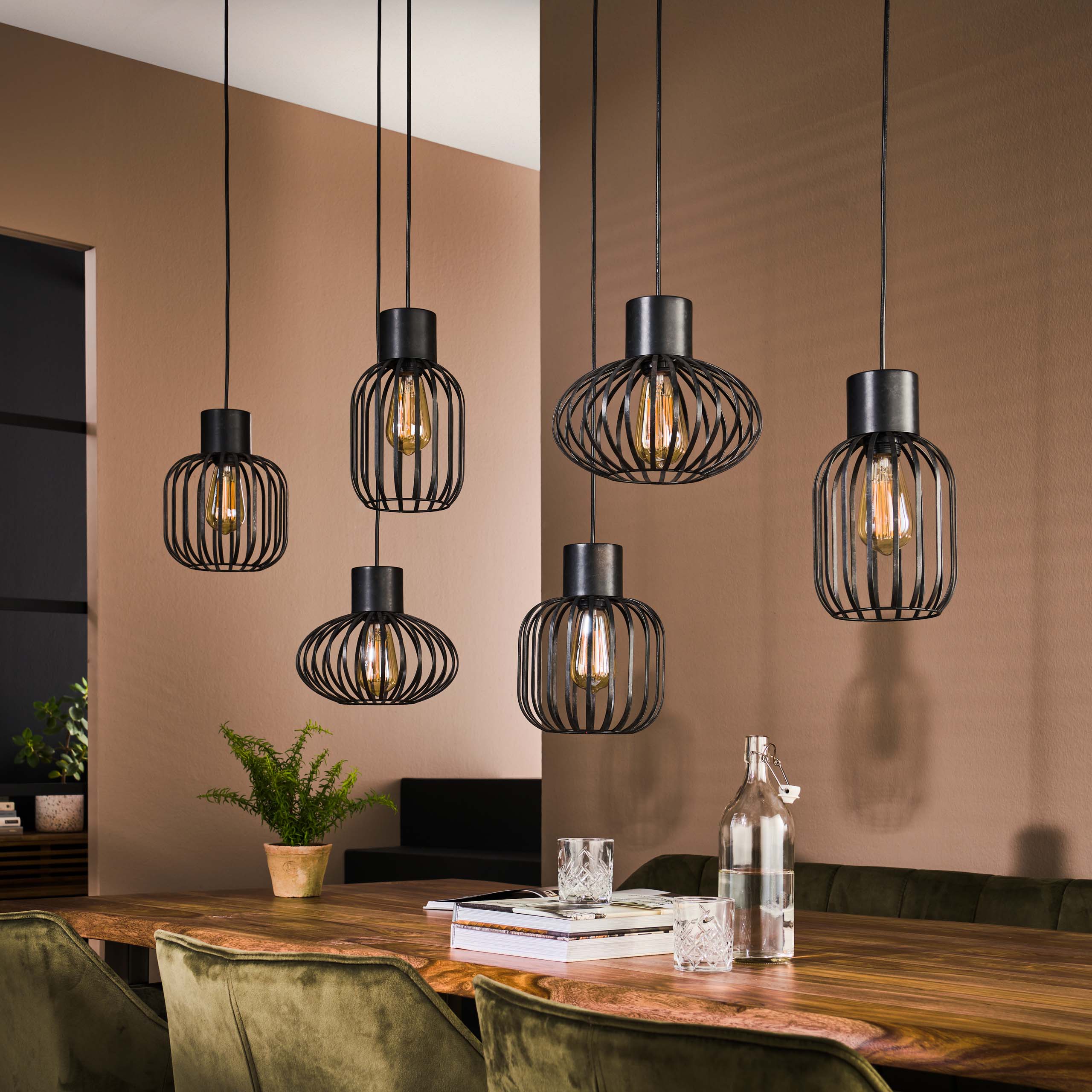 Hanglamp „Corvella“ – 6 lampen van antracietkleurig metalen gaas in verschillende vormen