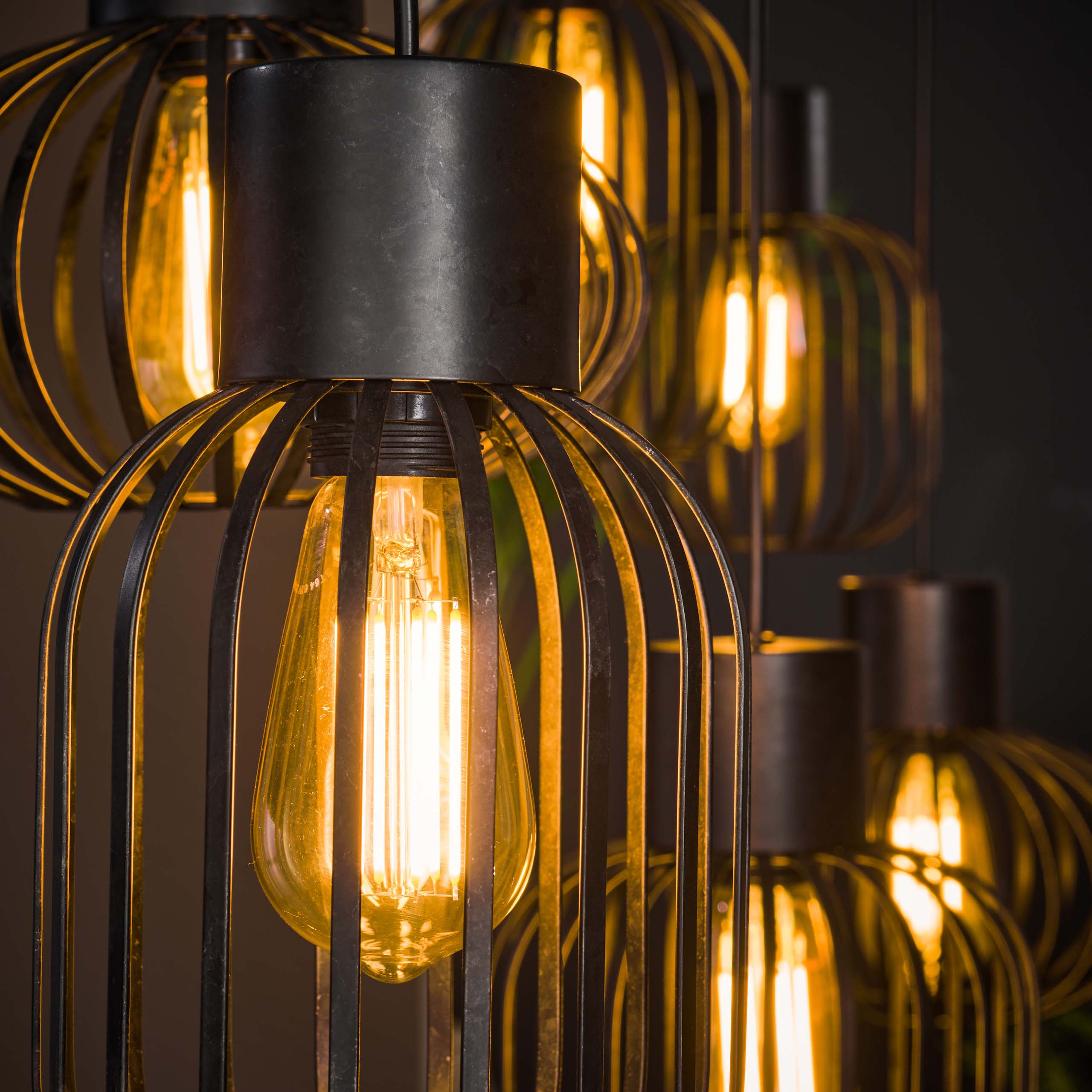 Hanglamp „Corvella“ – 6 lampen van antracietkleurig metalen gaas in verschillende vormen
