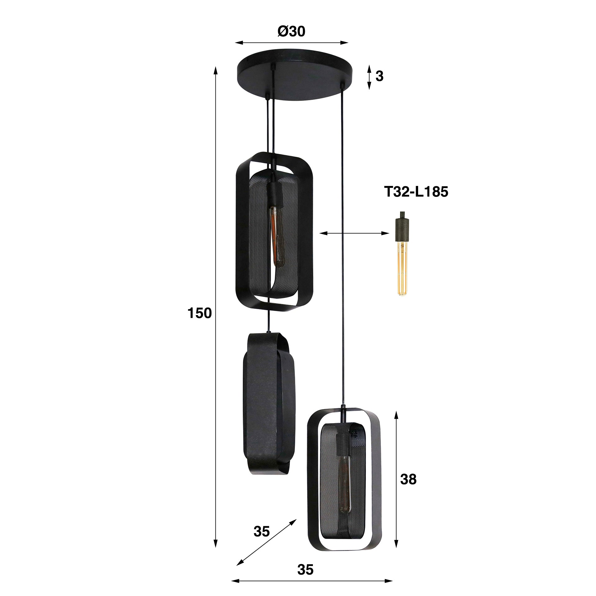 Hanglamp „Evelis“ – Gelaagd met 3 lampen met draaibare rooster-lampenkappen