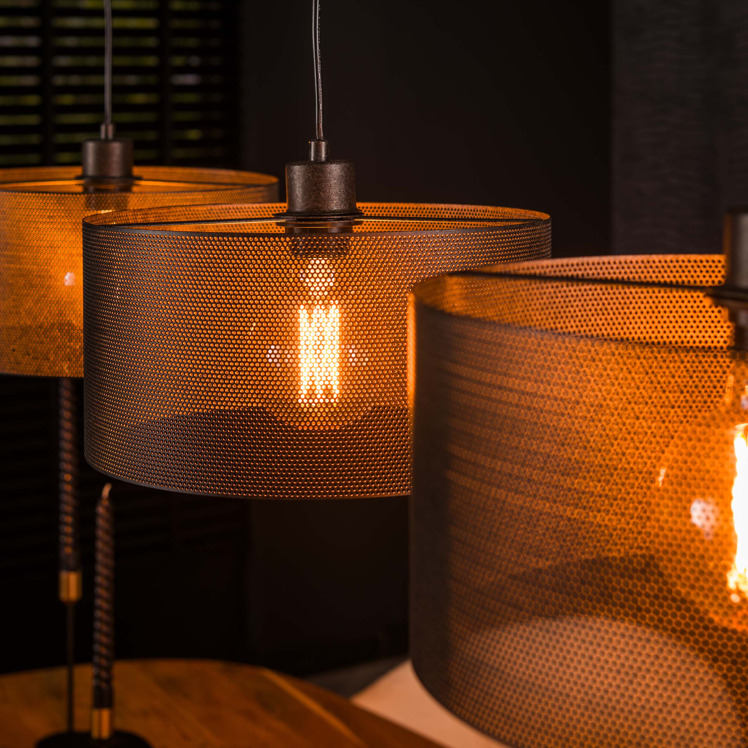 Hanglamp „Doralyn“ – Met 3 lampen en cilindrische lampenkappen in netgaasdesign