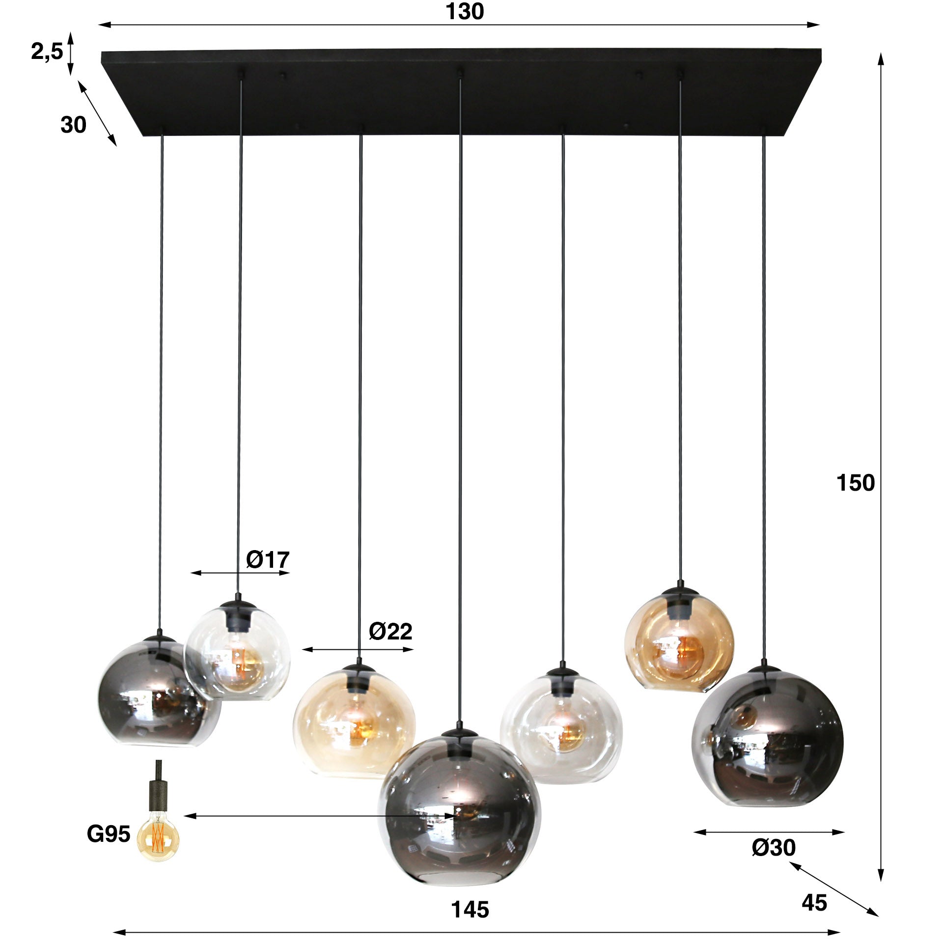 Hanglamp "Olivara" – 7 bolvormige glazen kappen in amber, chroom en lichtgrijs