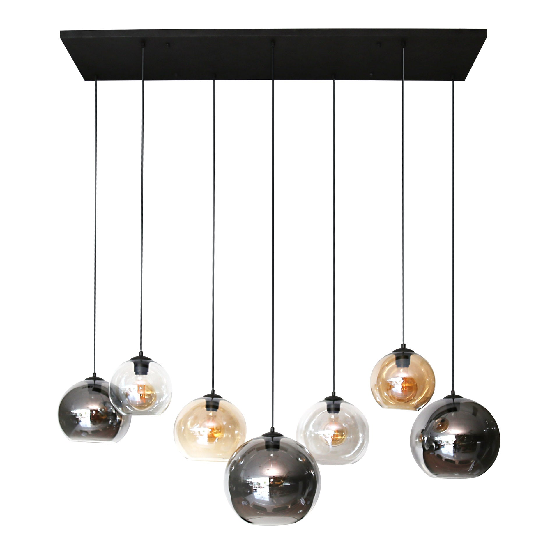 Hanglamp "Olivara" – 7 bolvormige glazen kappen in amber, chroom en lichtgrijs