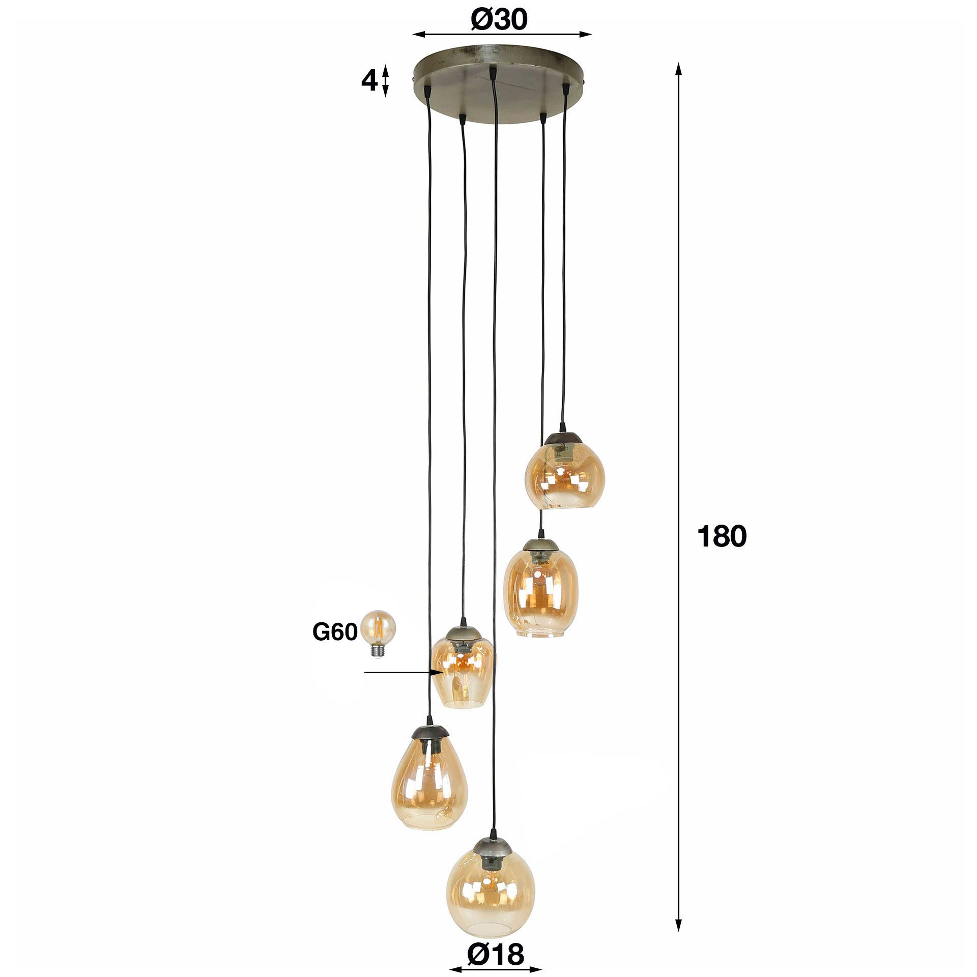 Hanglamp „Alaris“ – 5 lampen in trapvorm met amberkleurig of verchroomd glas