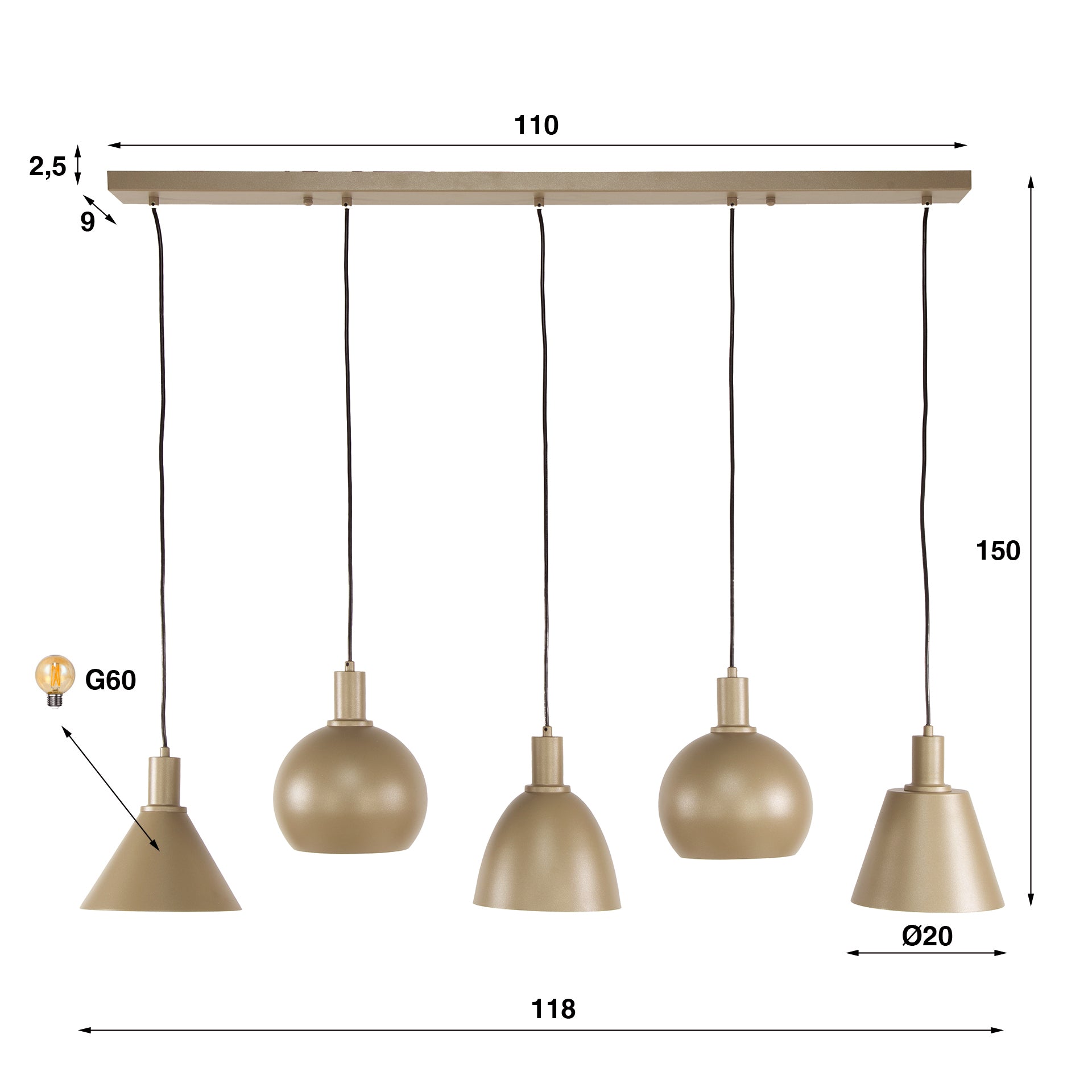 Hanglamp "Lumiselle" – 5 lampen van Metaal in verschillende vormen in Beige of brons