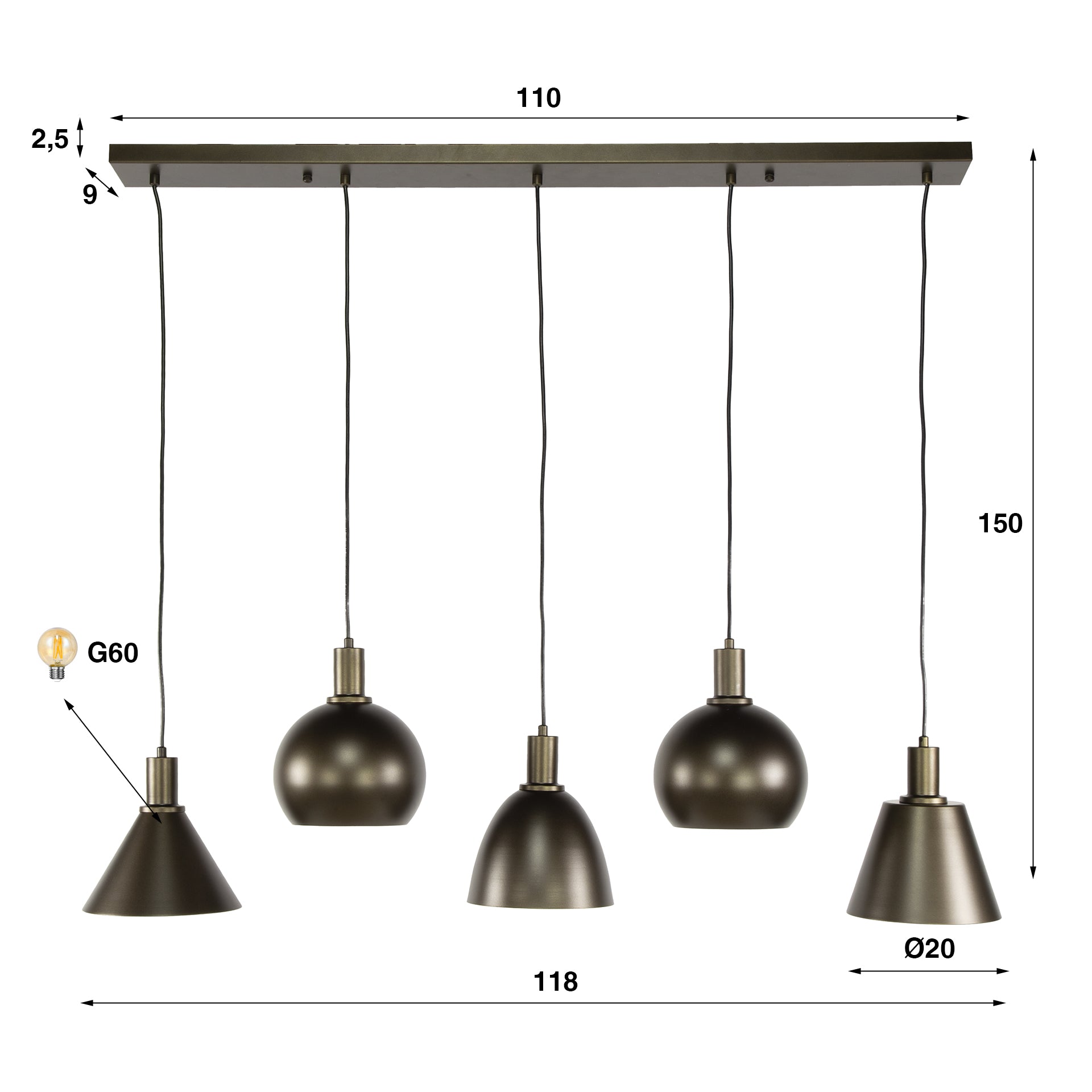 Hanglamp Bravino – Vijf metalen kappen in bruin of beige (5-lichts)
